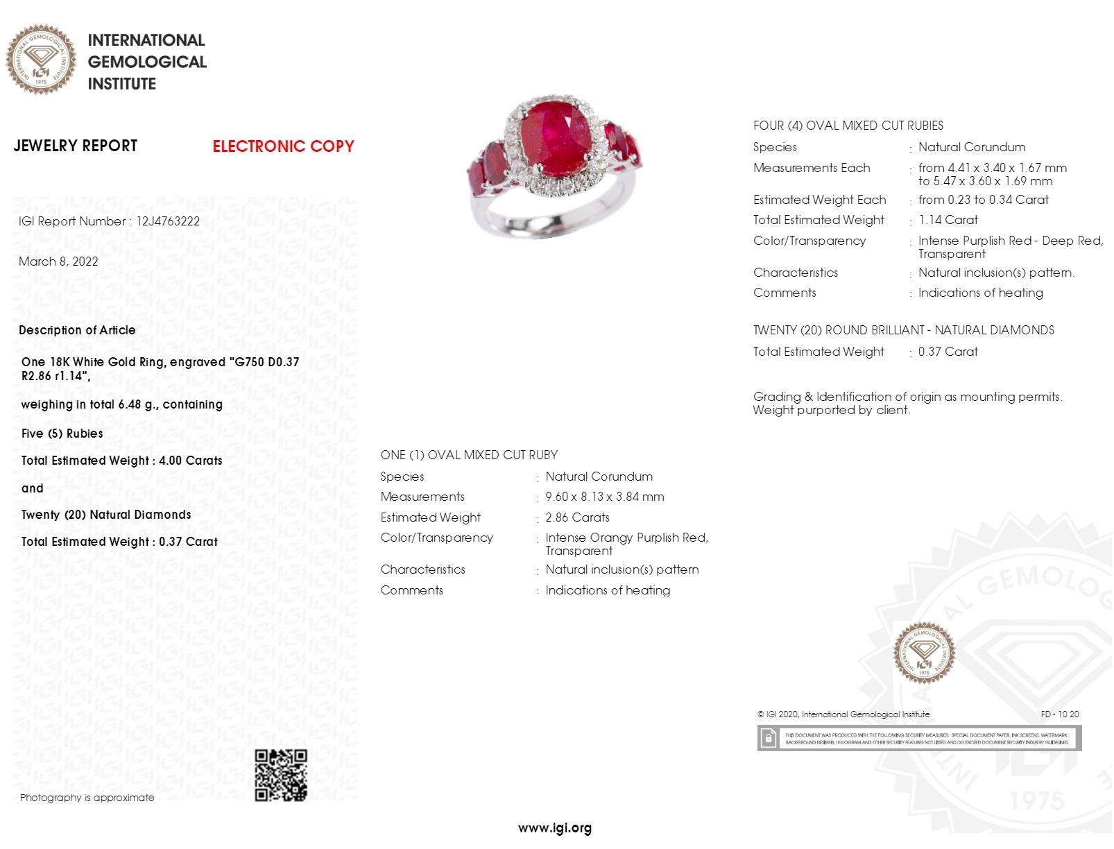 IGI Certified 4.00 Carat Ruby & Diamond Ring in 18K White Gold For Sale 2