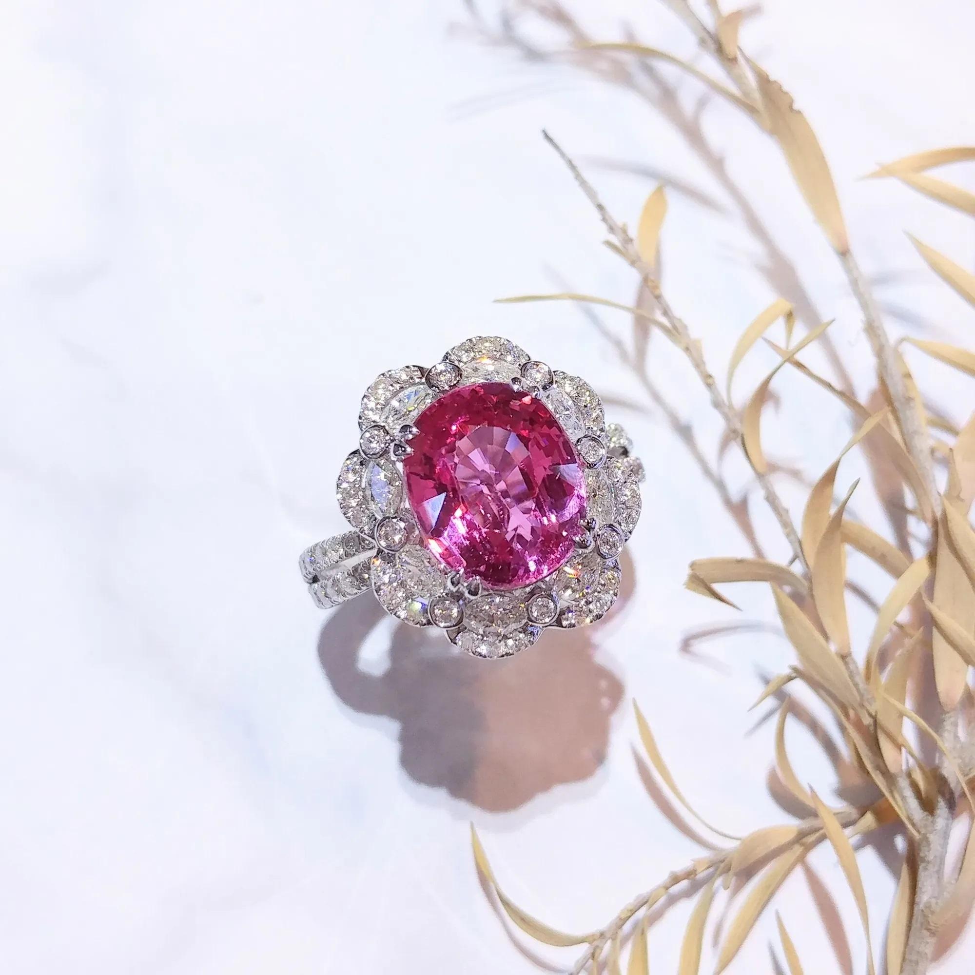 Oval Cut IGI Certified 4.00 Carat Unheated Pink Sapphire & Diamond Ring in 18K White Gold