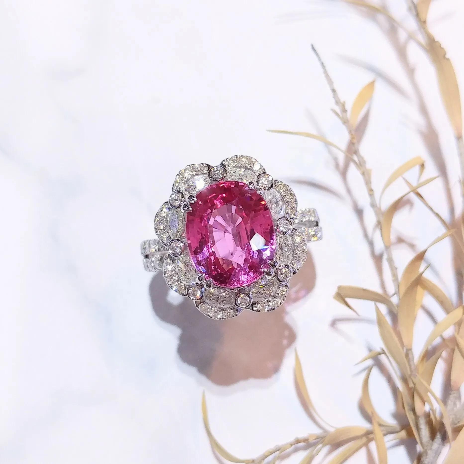 IGI Certified 4.00 Carat Unheated Pink Sapphire & Diamond Ring in 18K White Gold 1