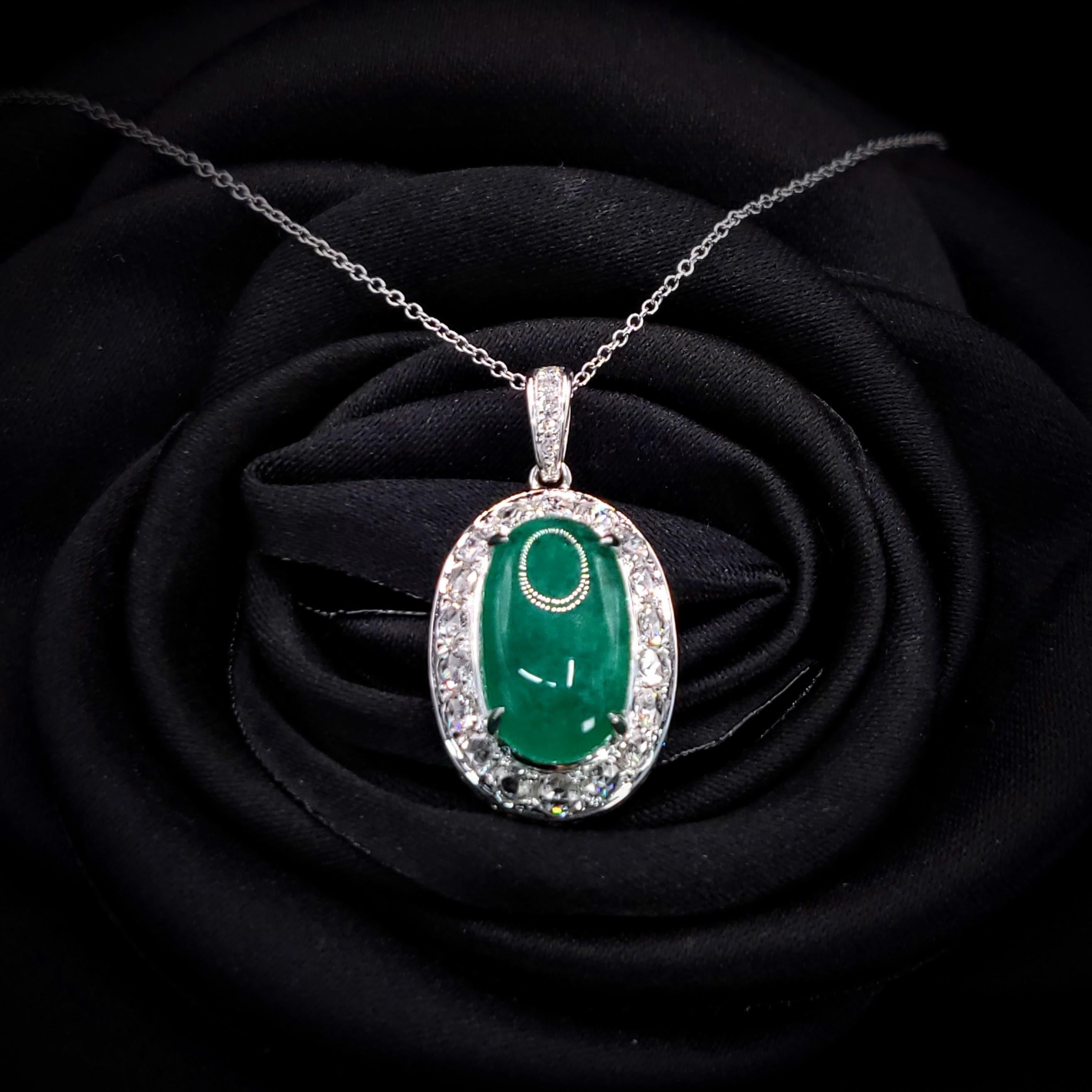 Oval Cut IGI Certified 4.00 Carat Emerald and Diamond Pendant in 18K White Gold For Sale