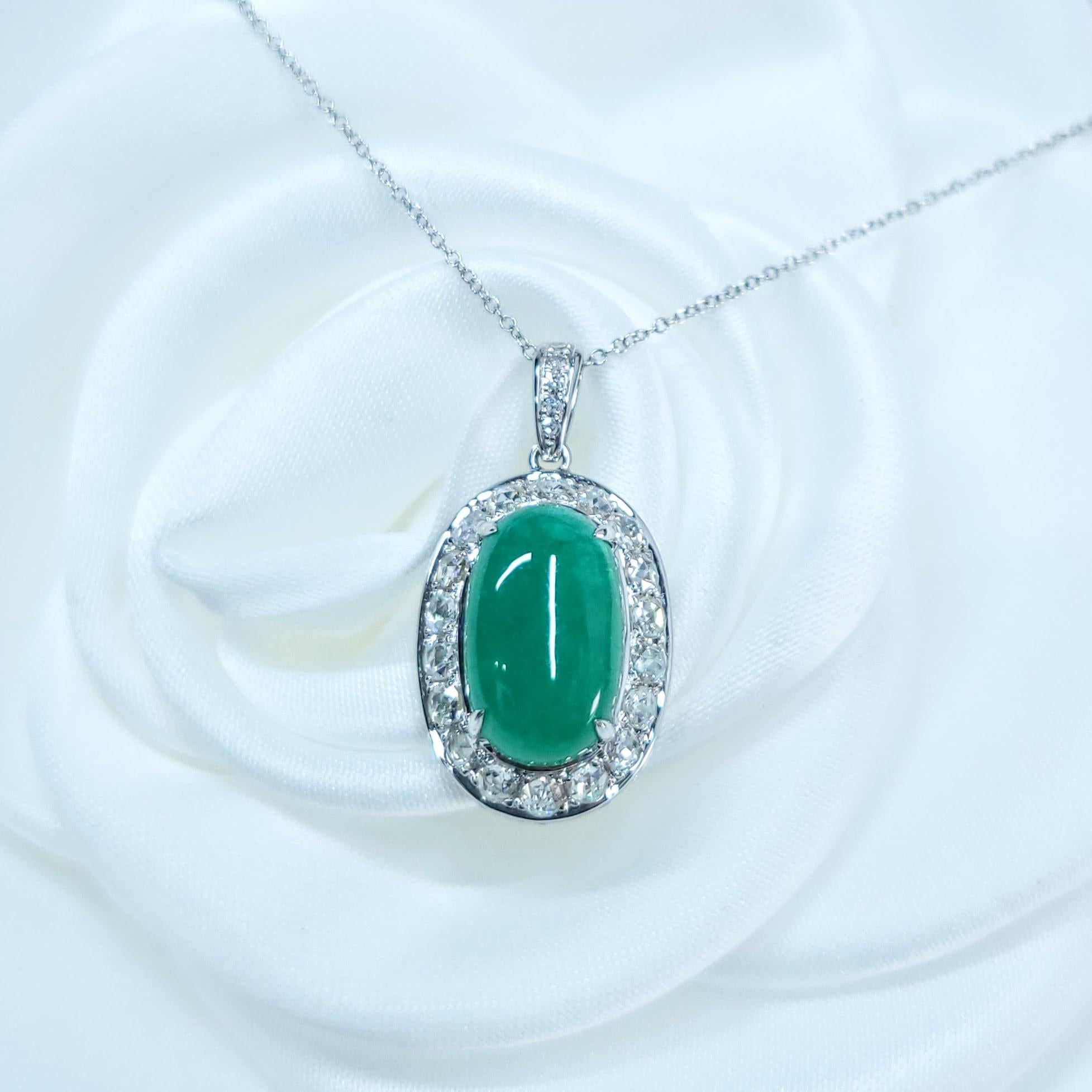 Women's IGI Certified 4.00 Carat Emerald and Diamond Pendant in 18K White Gold For Sale
