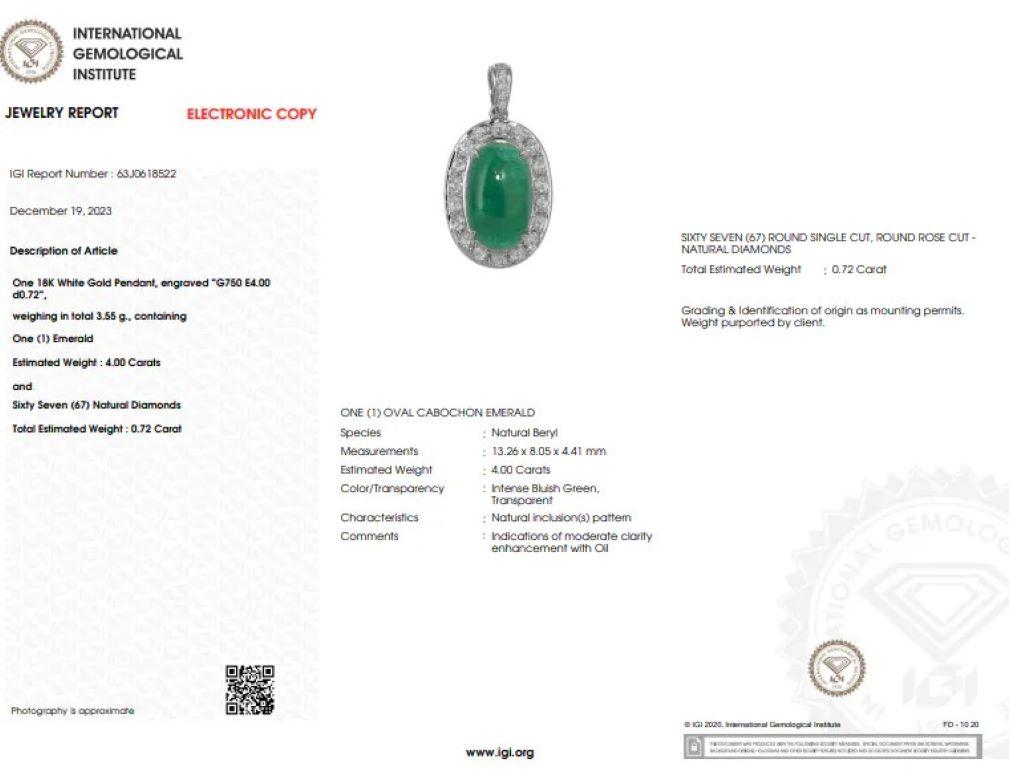 IGI Certified 4.00 Carat Emerald and Diamond Pendant in 18K White Gold For Sale 2