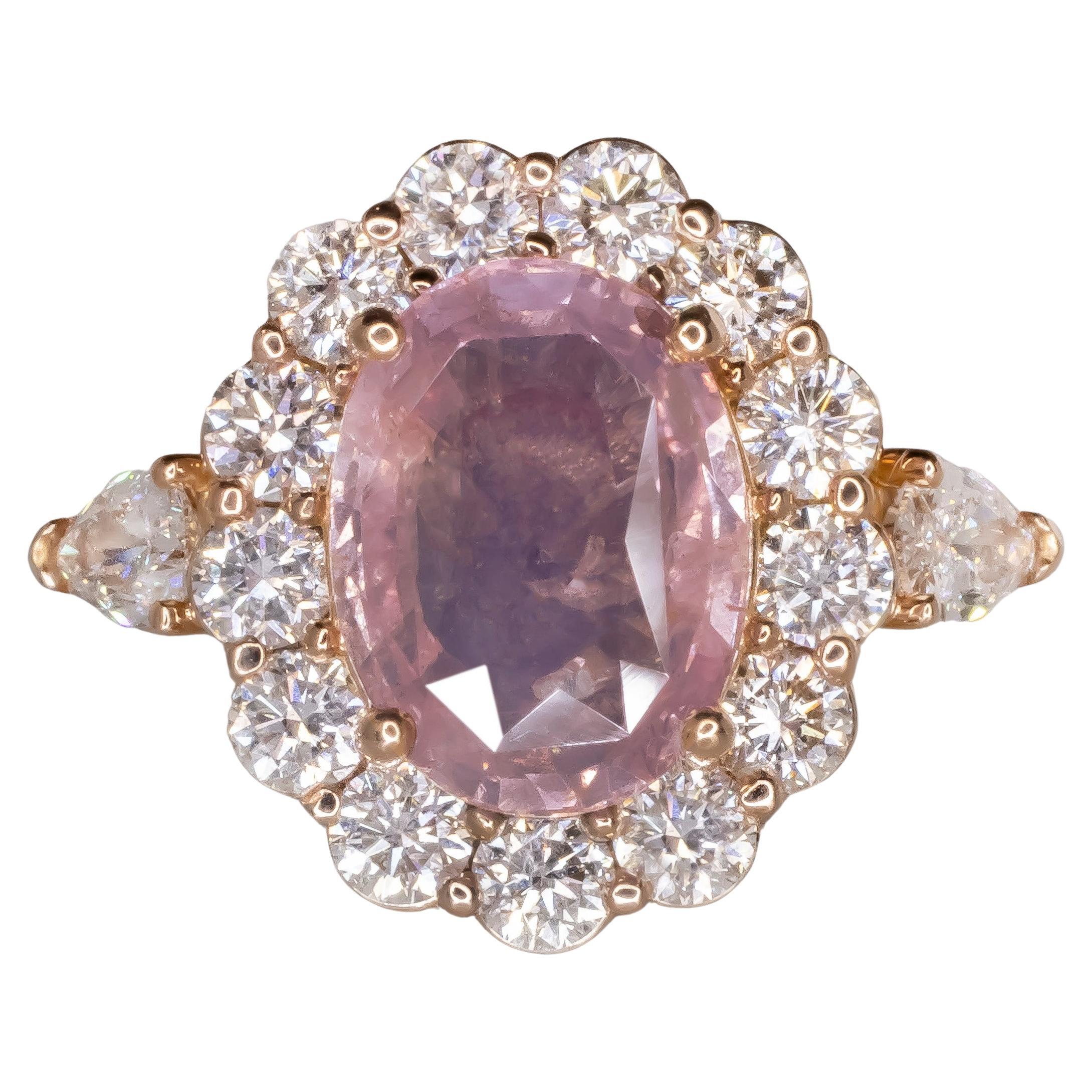 IGI Certified 4.02 Carat Oval Unheated Padparadscha Sapphire 18K Rose Gold Ring For Sale