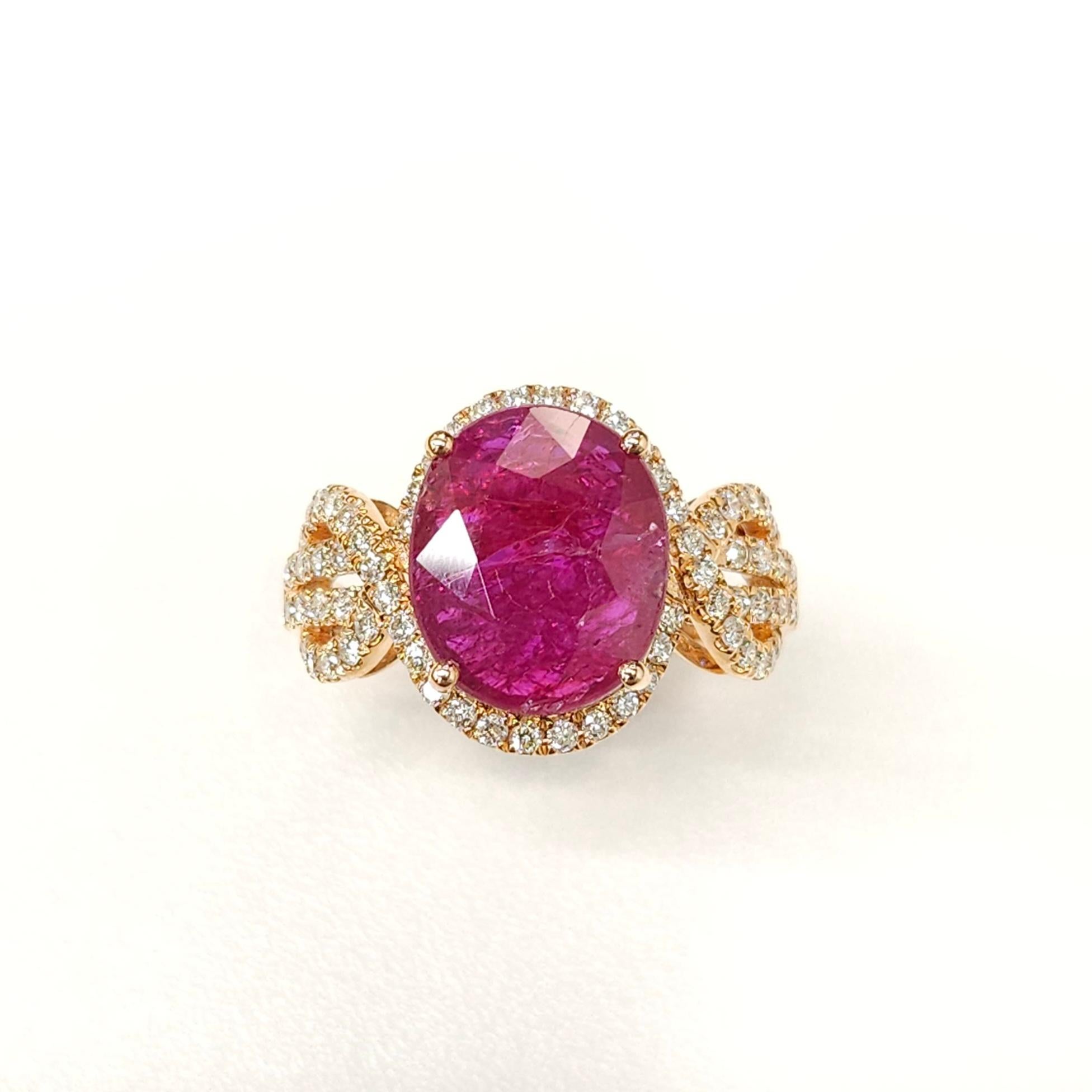Oval Cut IGI Certified 4.02 Carat Ruby & Diamond Ring in 18K Rose Gold For Sale