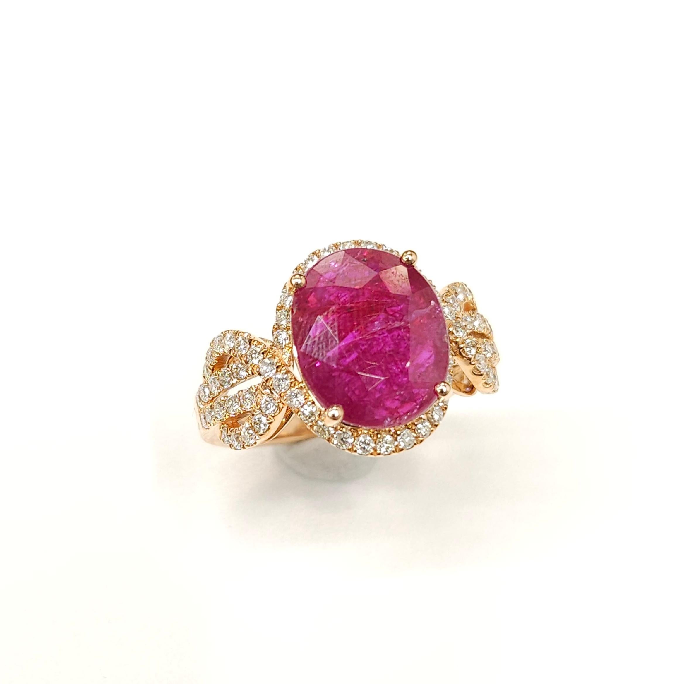 IGI Certified 4.02 Carat Ruby & Diamond Ring in 18K Rose Gold For Sale 1