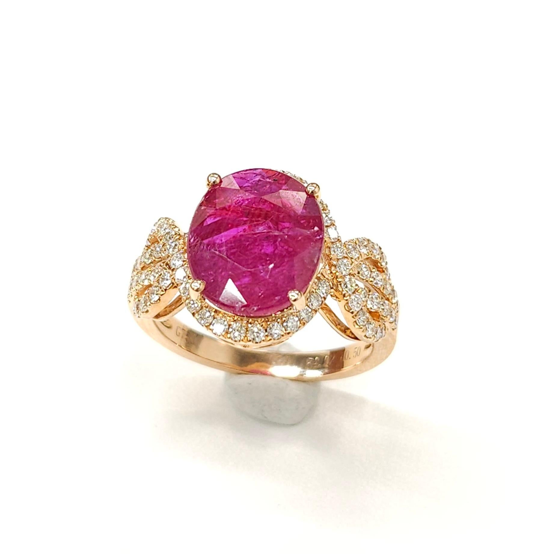 IGI Certified 4.02 Carat Ruby & Diamond Ring in 18K Rose Gold For Sale 3