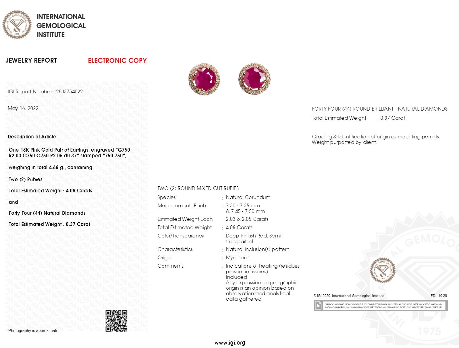 Boucles d'oreilles en or rose 18 carats certifiées IGI avec rubis et diamants de Birmanie de 4,08 carats en vente 5