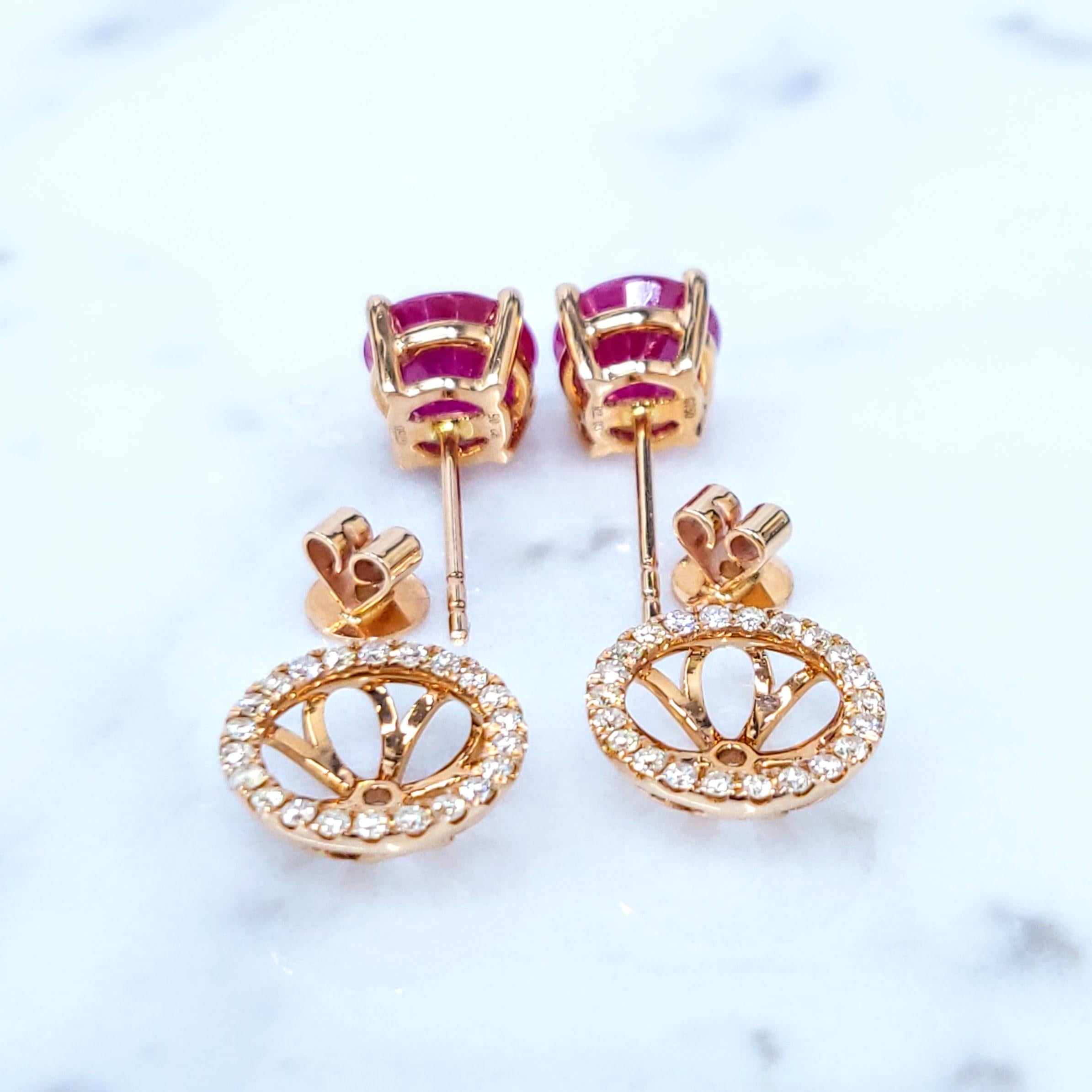 Boucles d'oreilles en or rose 18 carats certifiées IGI avec rubis et diamants de Birmanie de 4,08 carats en vente 1