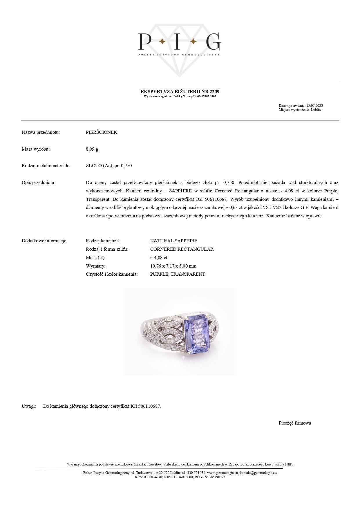 Bague en or blanc 18 carats certifiée IGI avec saphir de 4,08 carats et diamant de 0,63 carat Neuf - En vente à Warszawa, PL