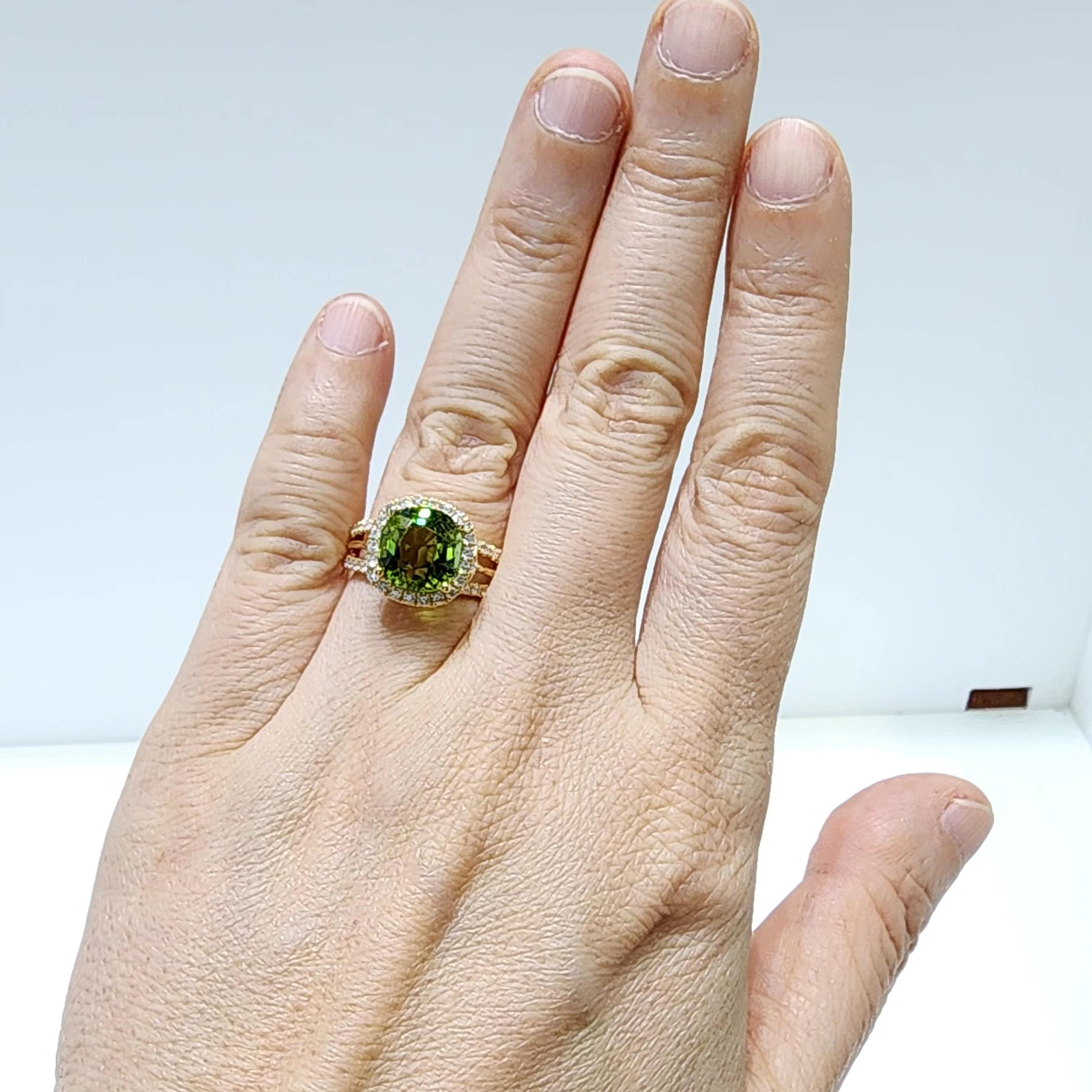 Cushion Cut IGI Certified 4.10 Carat Green Tourmaline and Diamond Ring in 18K Yellow Gold