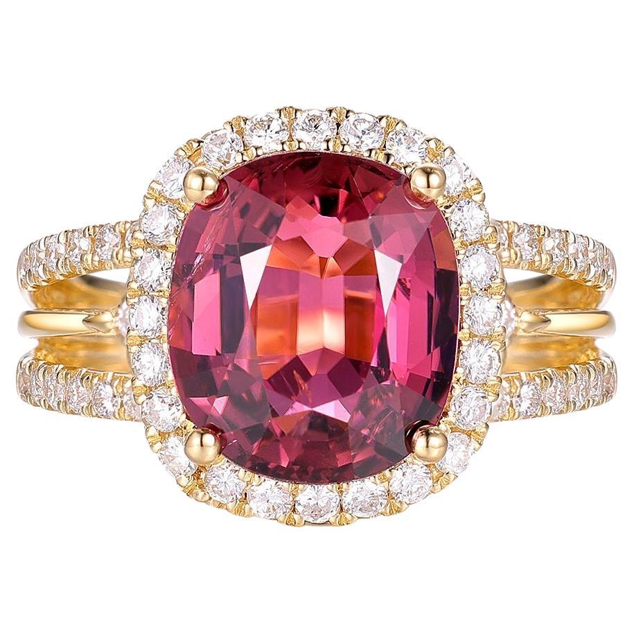 Anillo de Oro Amarillo de 18 K con Turmalina Rosa y Diamante de 4,10 Quilates Certificado IGI