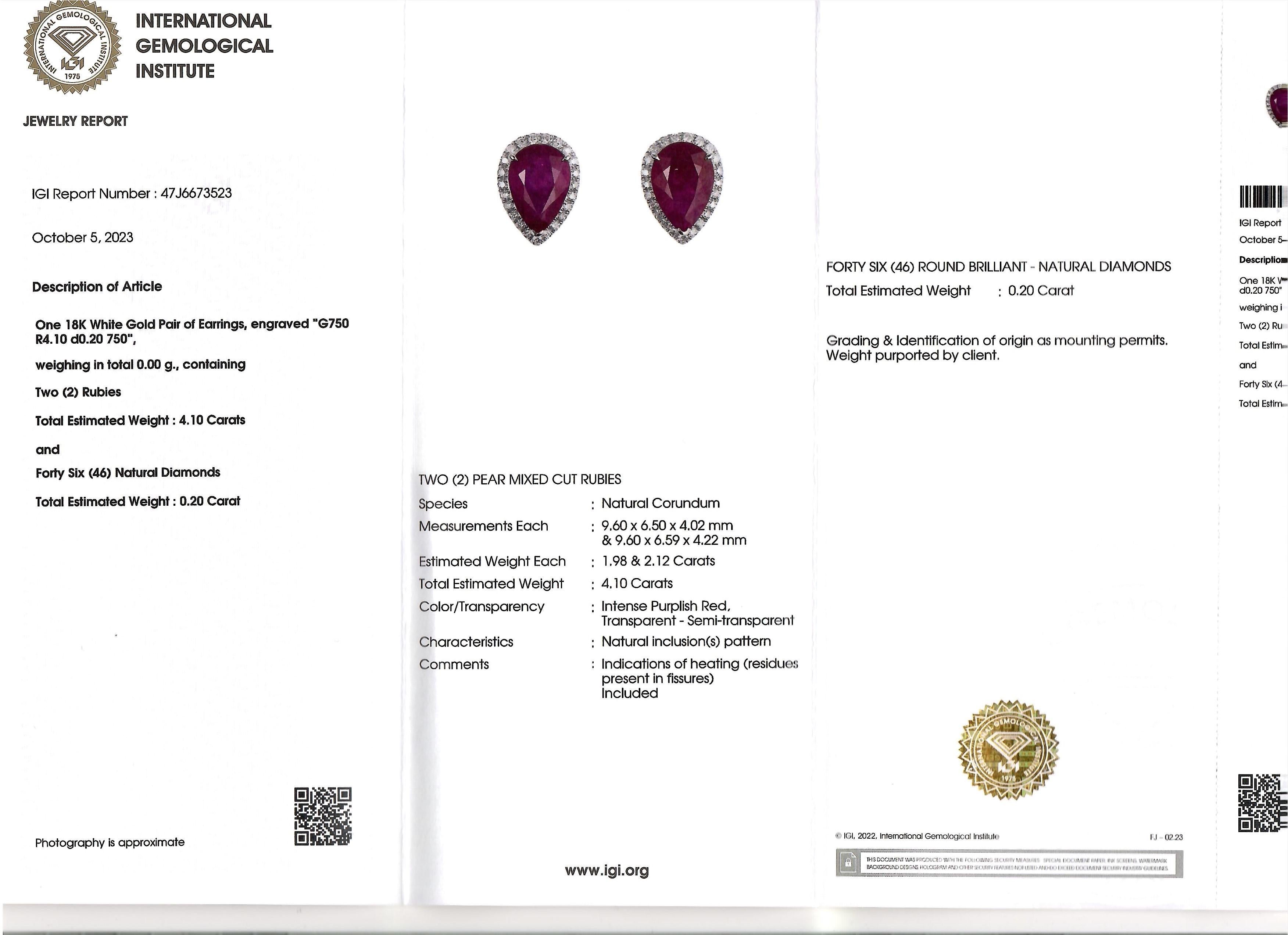IGI Certified 4.10 Carat Ruby & 0.20 Carat Diamond Earrings in 18K White Gold For Sale 2
