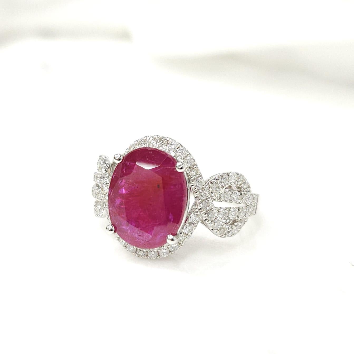 Oval Cut IGI Certified 4.12 Carat Ruby & Diamond Ring in 18K White Gold For Sale