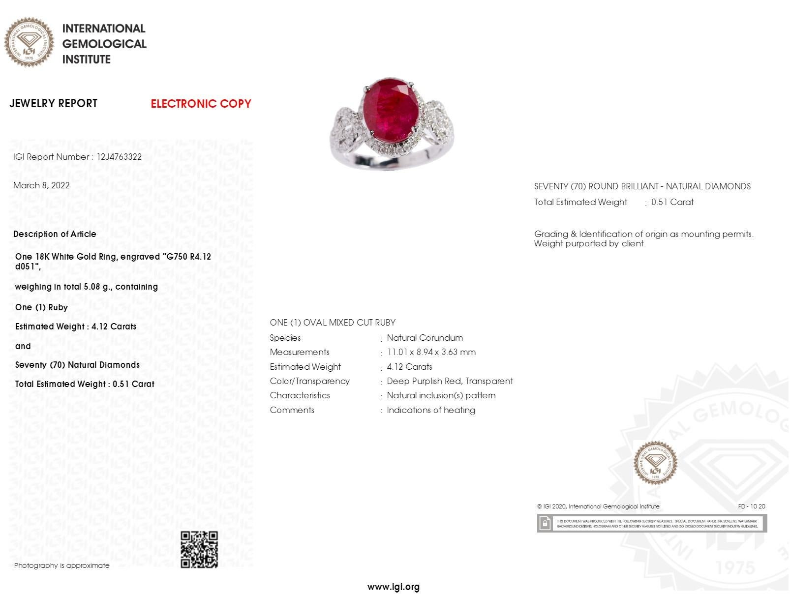 IGI Certified 4.12 Carat Ruby & Diamond Ring in 18K White Gold For Sale 3