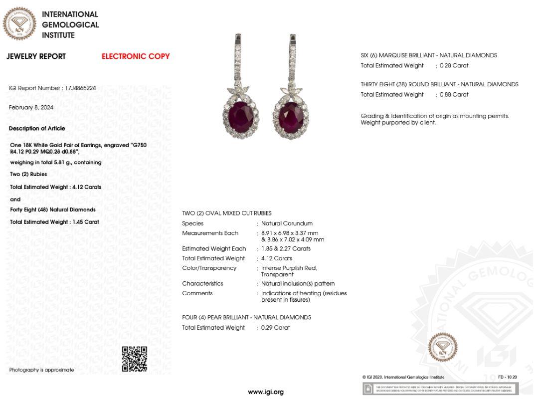 Moderne Boucles d'oreilles en or blanc 18 carats certifiées IGI avec rubis et diamants de 4,12 carats en vente