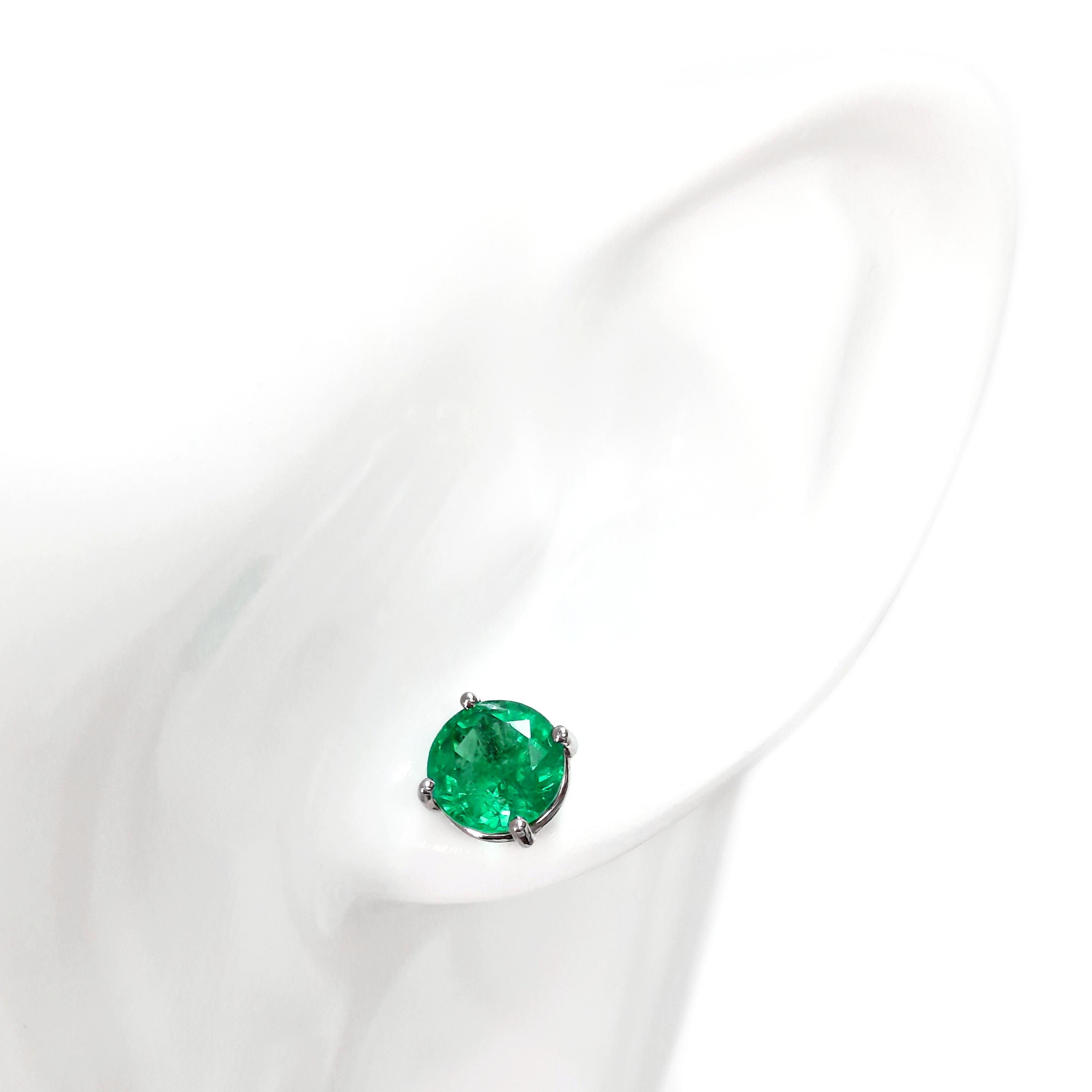 Round Cut IGI Certified 4.14ct Natural Round Emeralds 14K White Gold Earrings For Sale