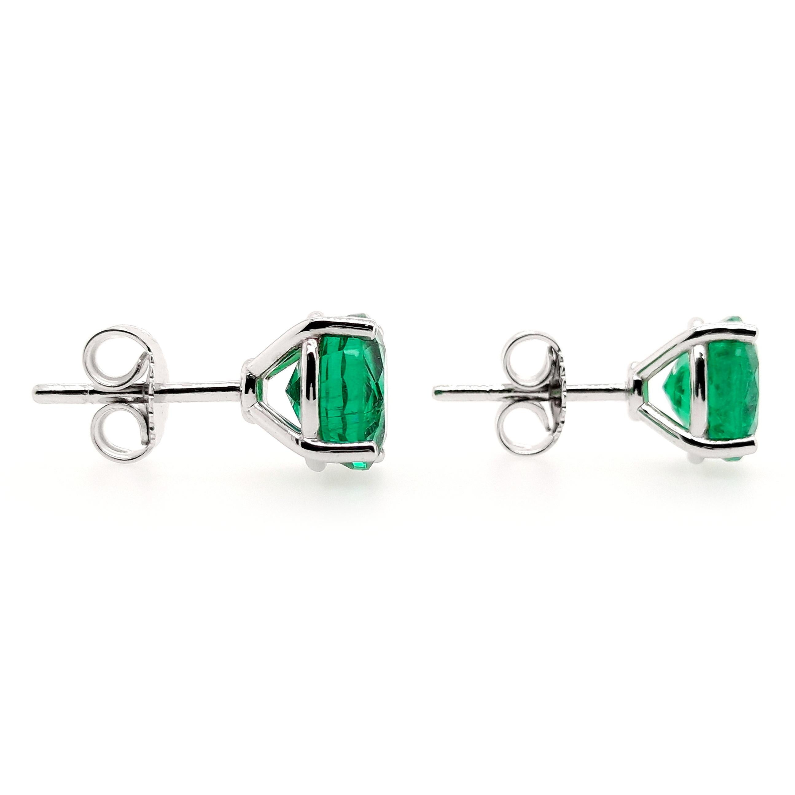 IGI Certified 4.14ct Natural Round Emeralds 14K White Gold Earrings For Sale 1
