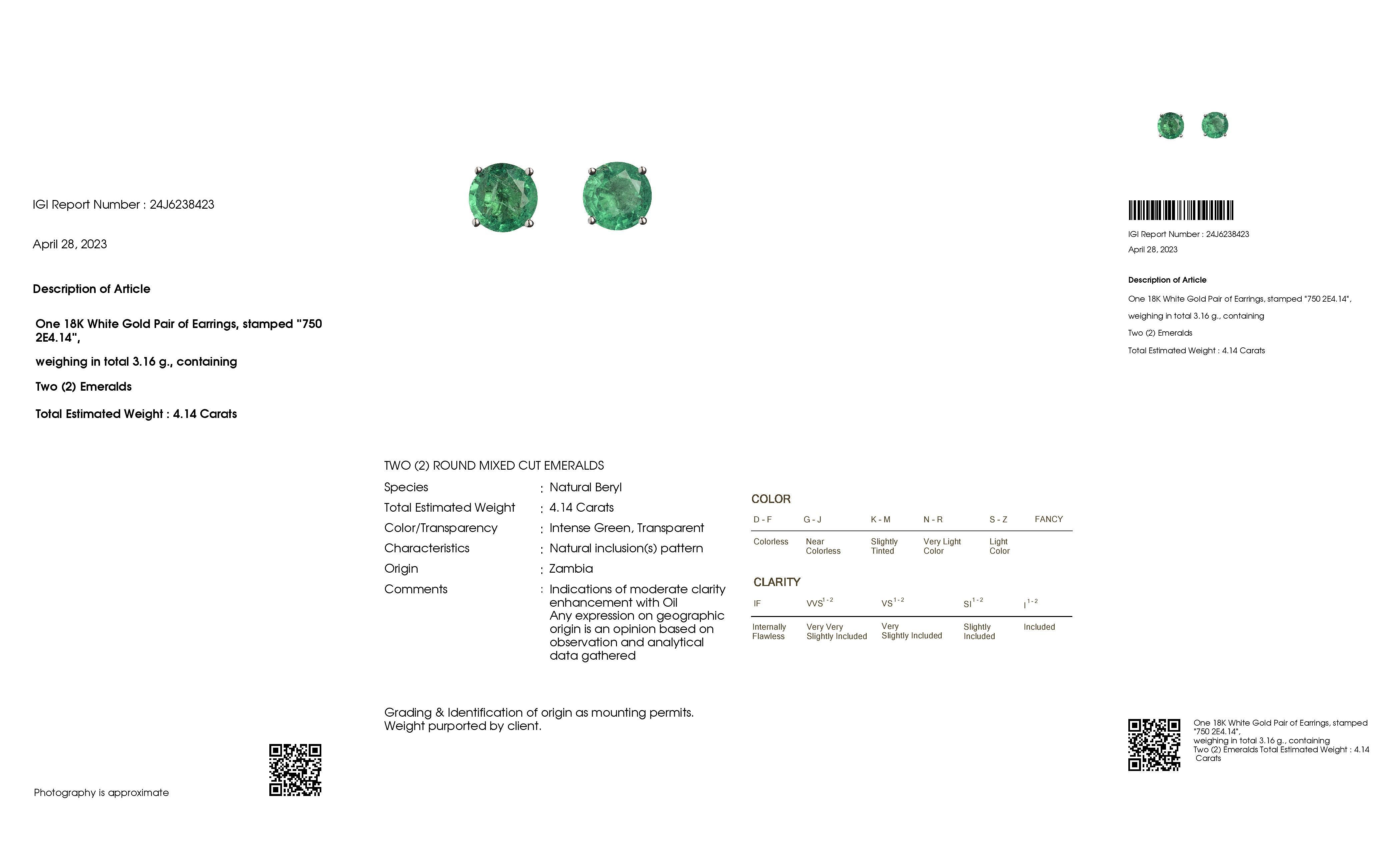 IGI Certified 4.14ct Natural Round Emeralds 14K White Gold Earrings For Sale 2