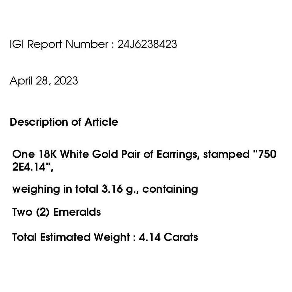 Orecchini in oro bianco 14K con smeraldi rotondi naturali certificati IGI da 4,14 ct. in vendita 4