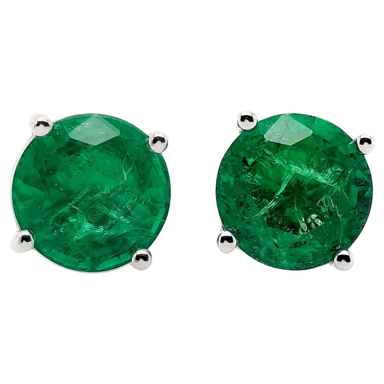 Boucles d'oreilles IGI Certified 4.14ct Natural Round Emeralds 14K White Gold