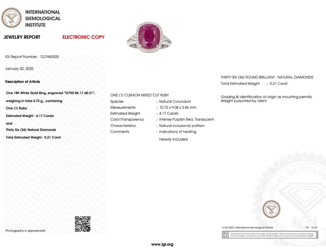 Moderne Bague en or blanc 18 carats certifiée IGI avec rubis et diamants de 4,17 carats en vente