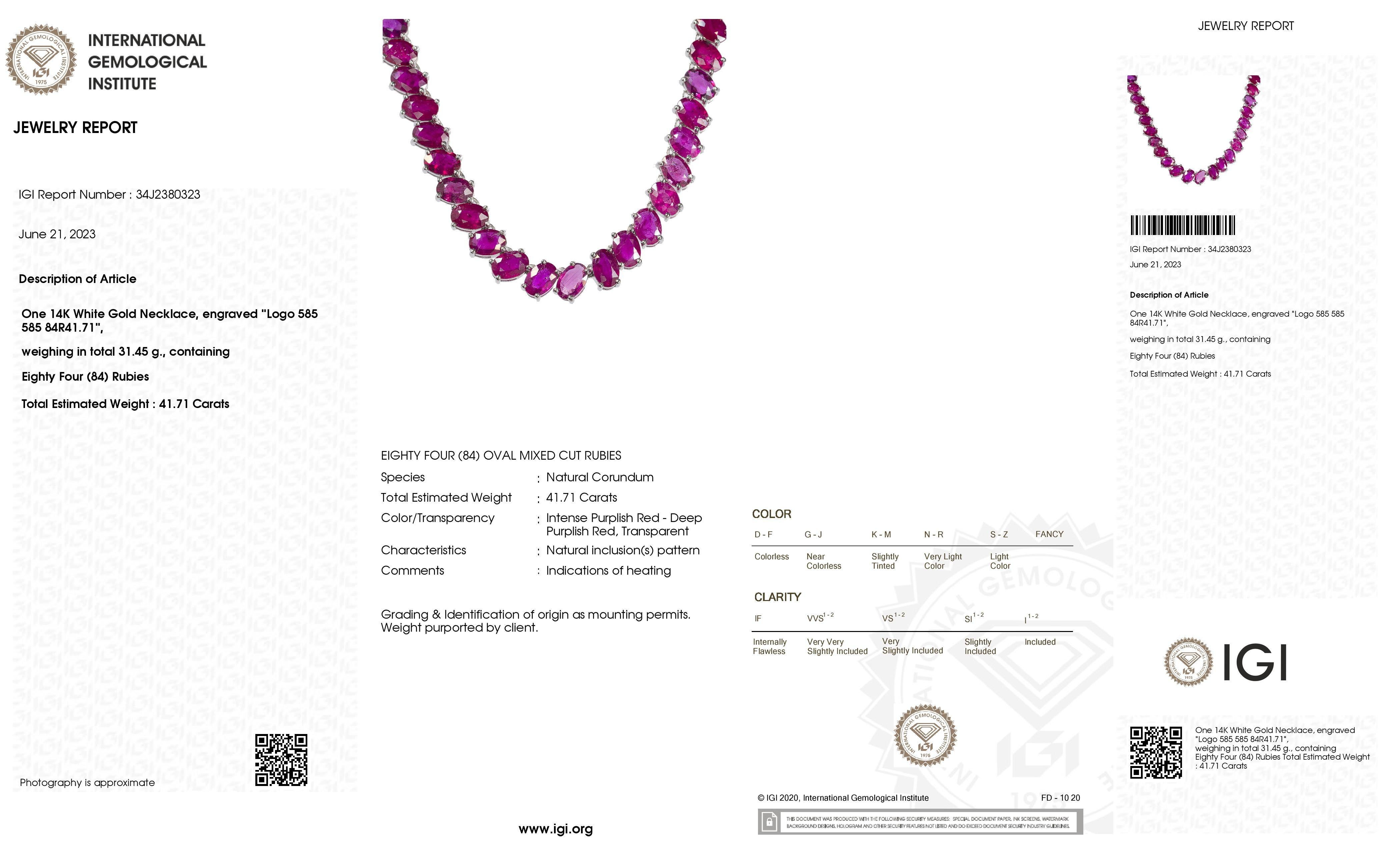 Oval Cut IGI Certified 41.71ct Natural Rubies 14K White Gold Necklace For Sale