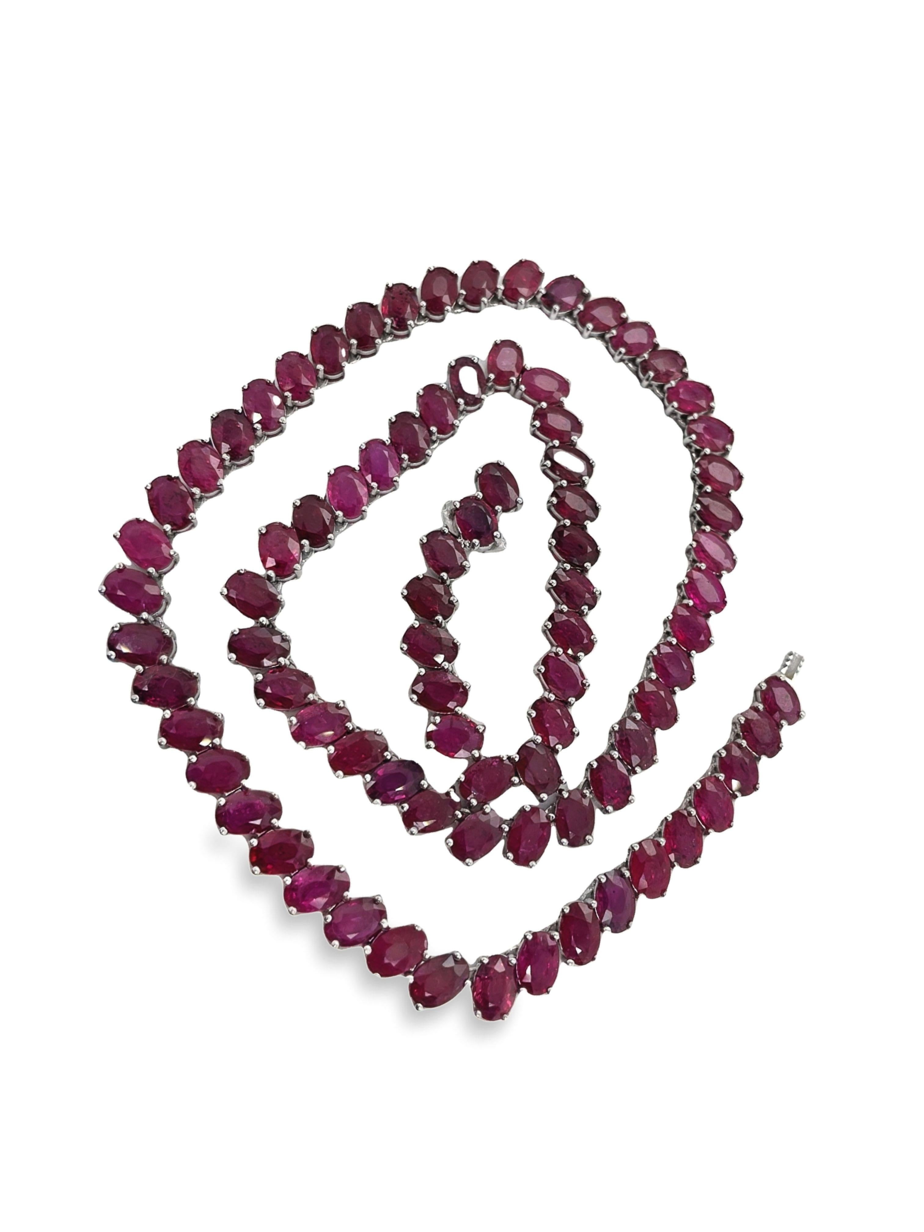 IGI Certified 41.71ct Natural Rubies 14K White Gold Necklace In New Condition For Sale In Hong Kong, HK