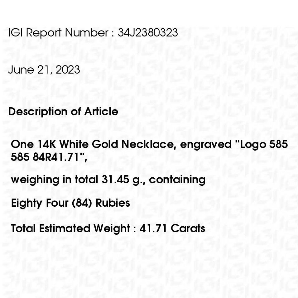 IGI Certified 41.71ct Natural Rubies 14K White Gold Necklace For Sale 1