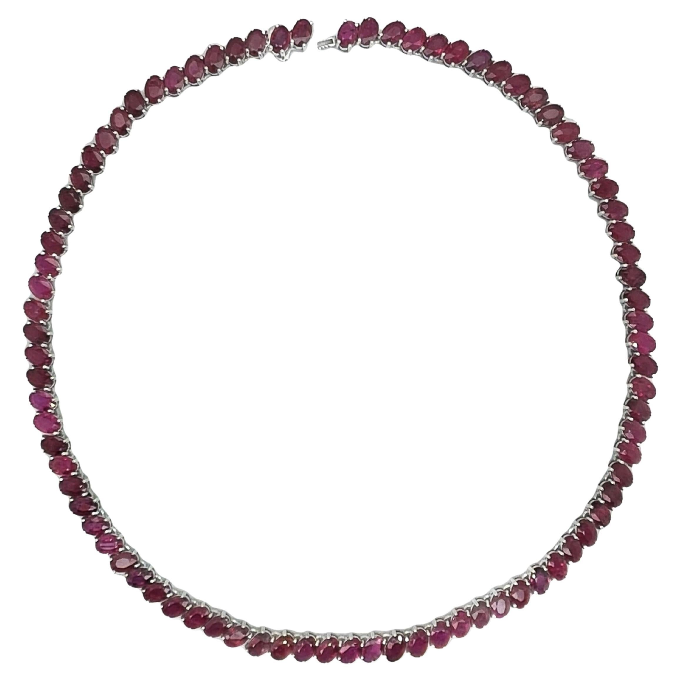 IGI Certified 41.71ct Natural Rubies 14K White Gold Necklace For Sale
