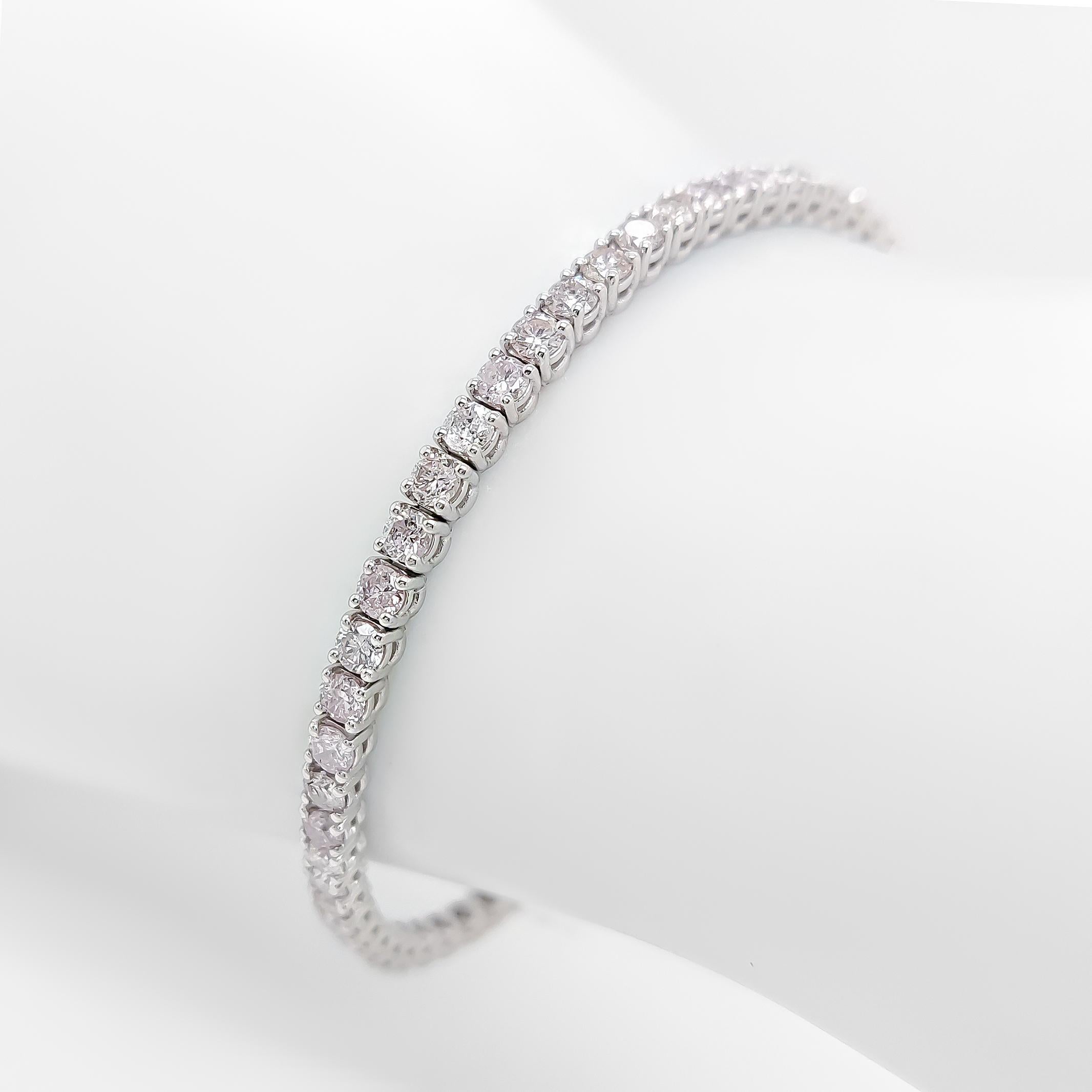 Women's IGI Certified 4.18 Carat Natural Pink Round Diamond 14k Gold Bracelet
