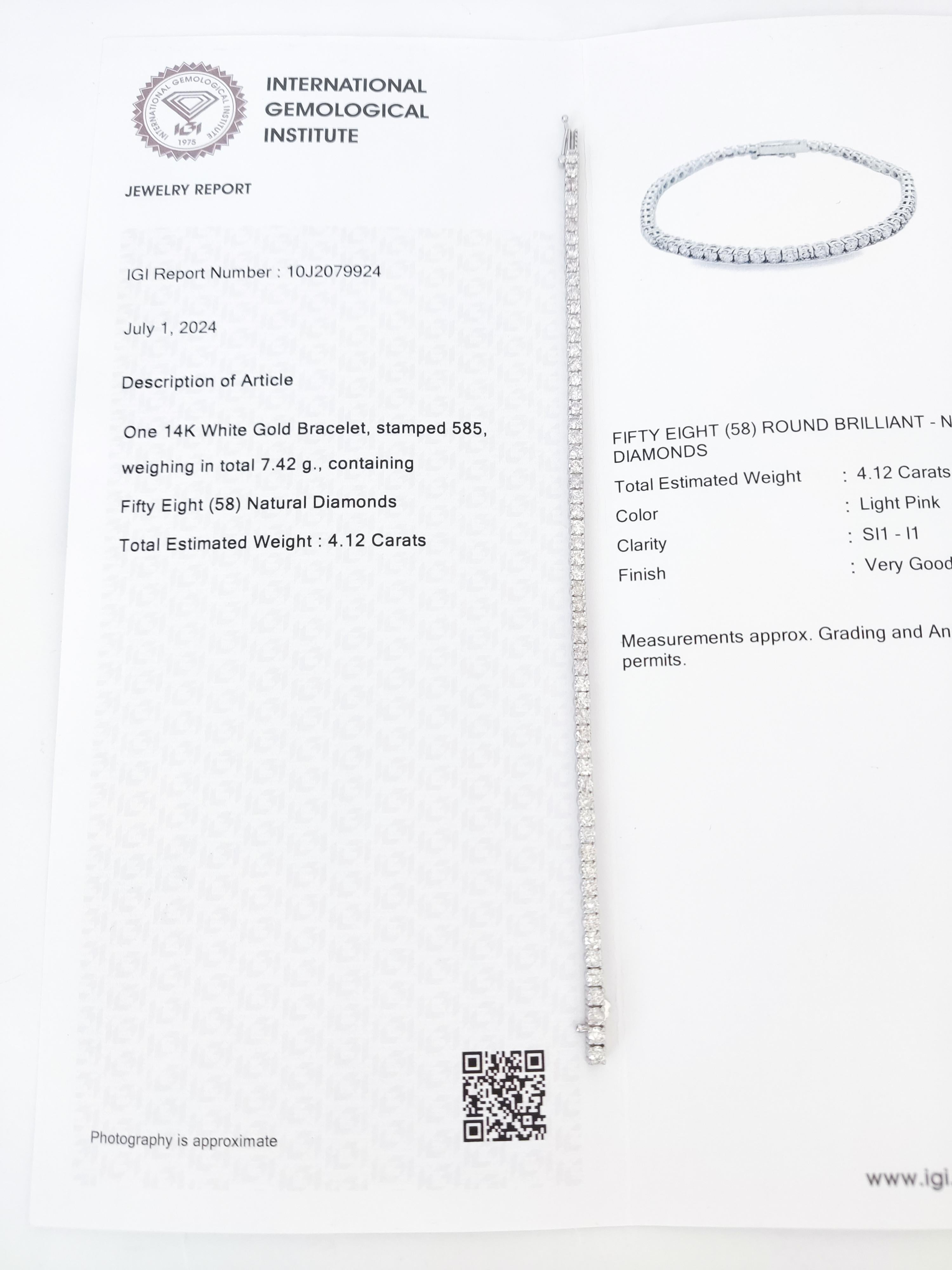 IGI Certified 4.18 Carat Natural Pink Round Diamond 14k Gold Bracelet 2