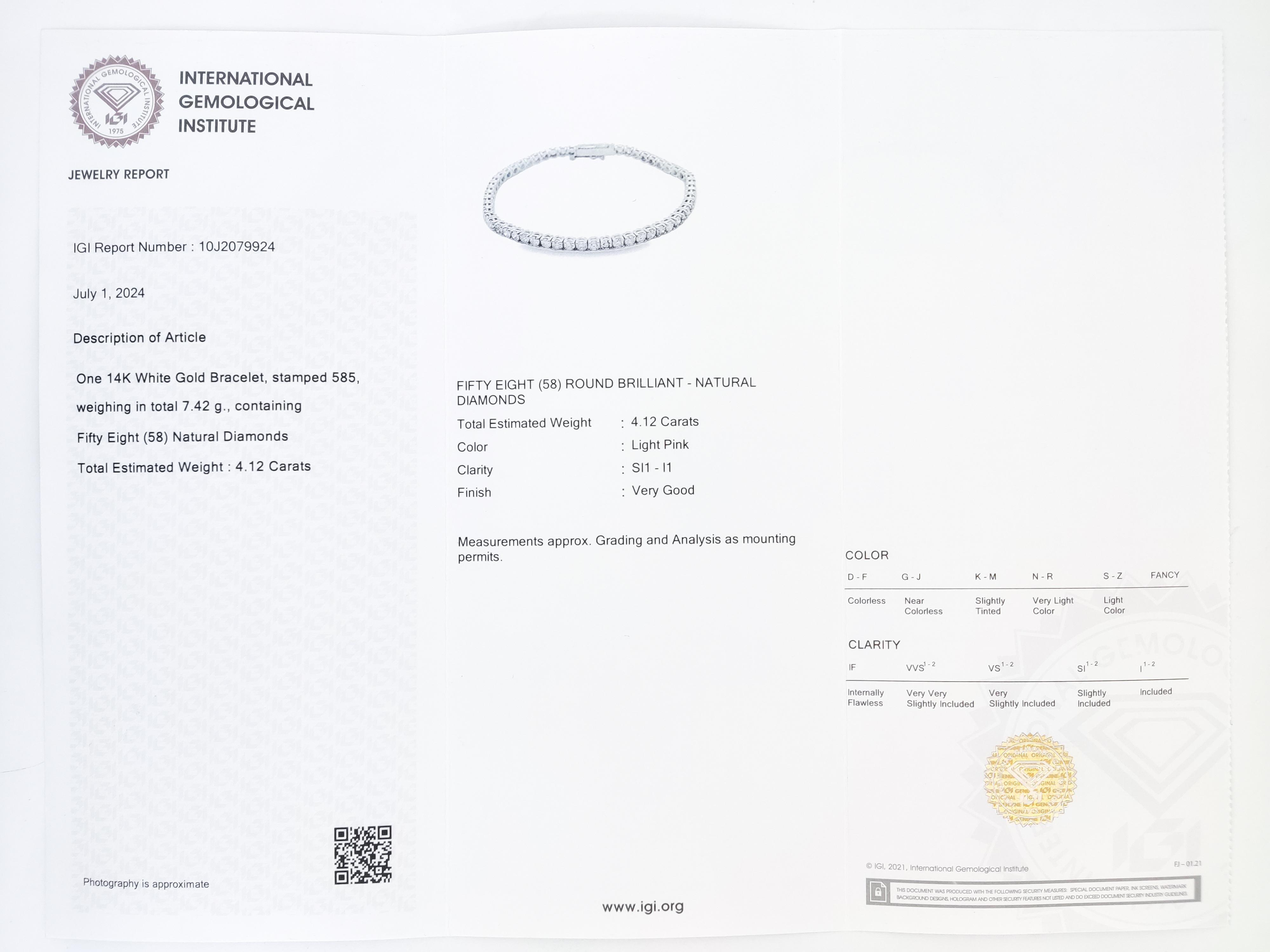 IGI Certified 4.18 Carat Natural Pink Round Diamond 14k Gold Bracelet 3