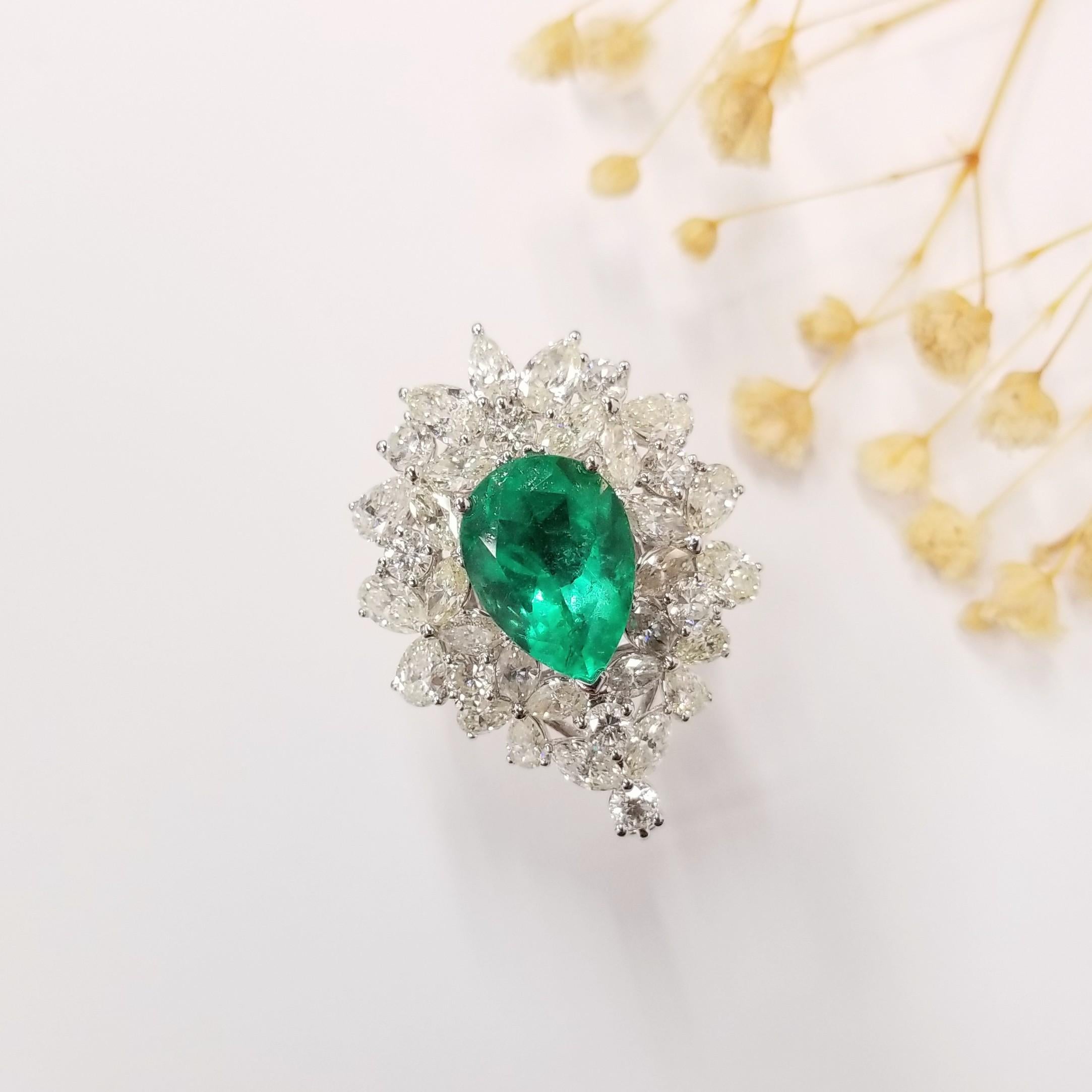 Pear Cut IGI certified 4.19 Carat Colombian Emerald & Diamond Cluster Ring Pendent 2 way  For Sale