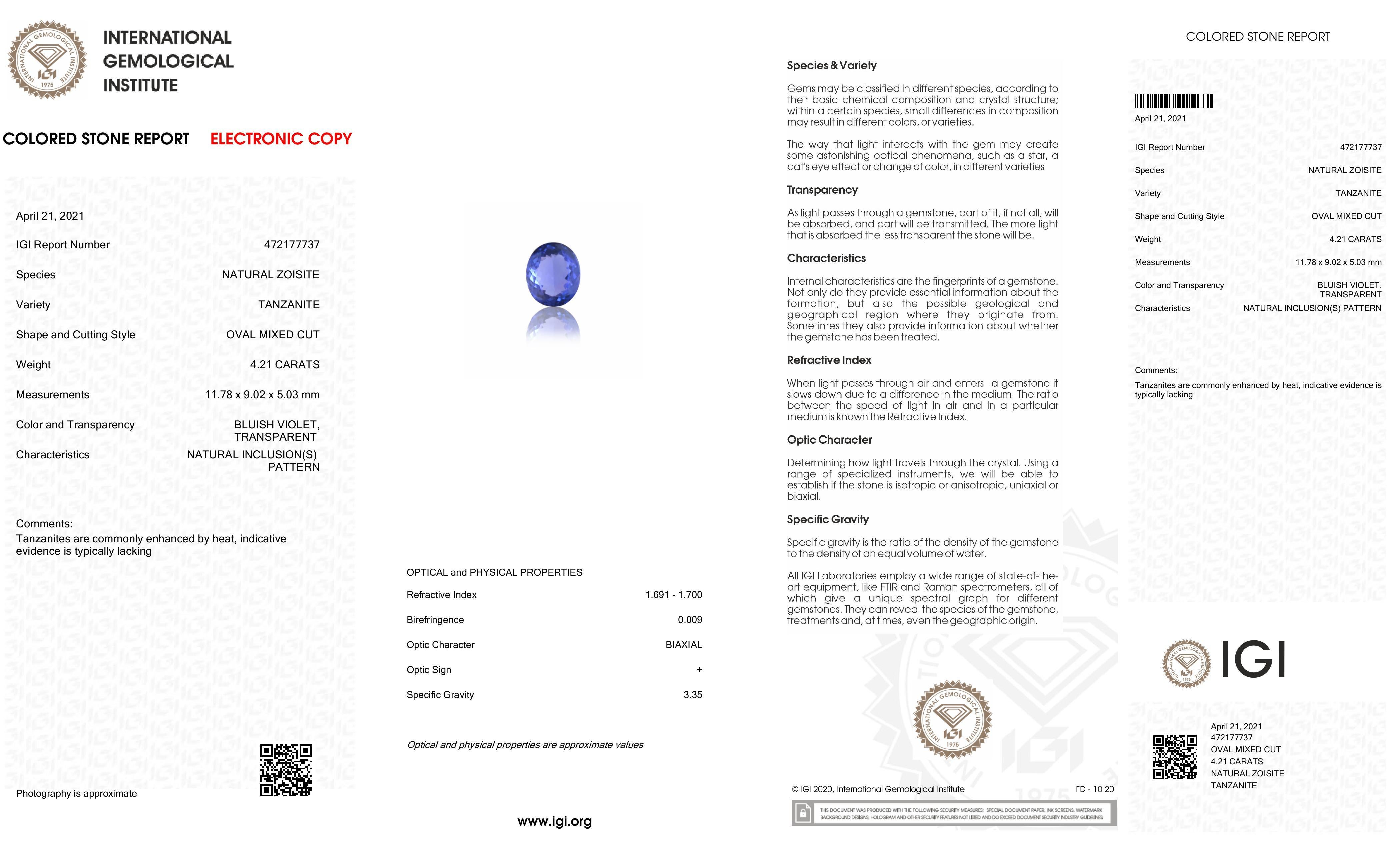 Taglio ovale Anello con tanzanite certificata IGI da 4,21 carati e diamante da 0,40 carati in oro bianco 14K in vendita