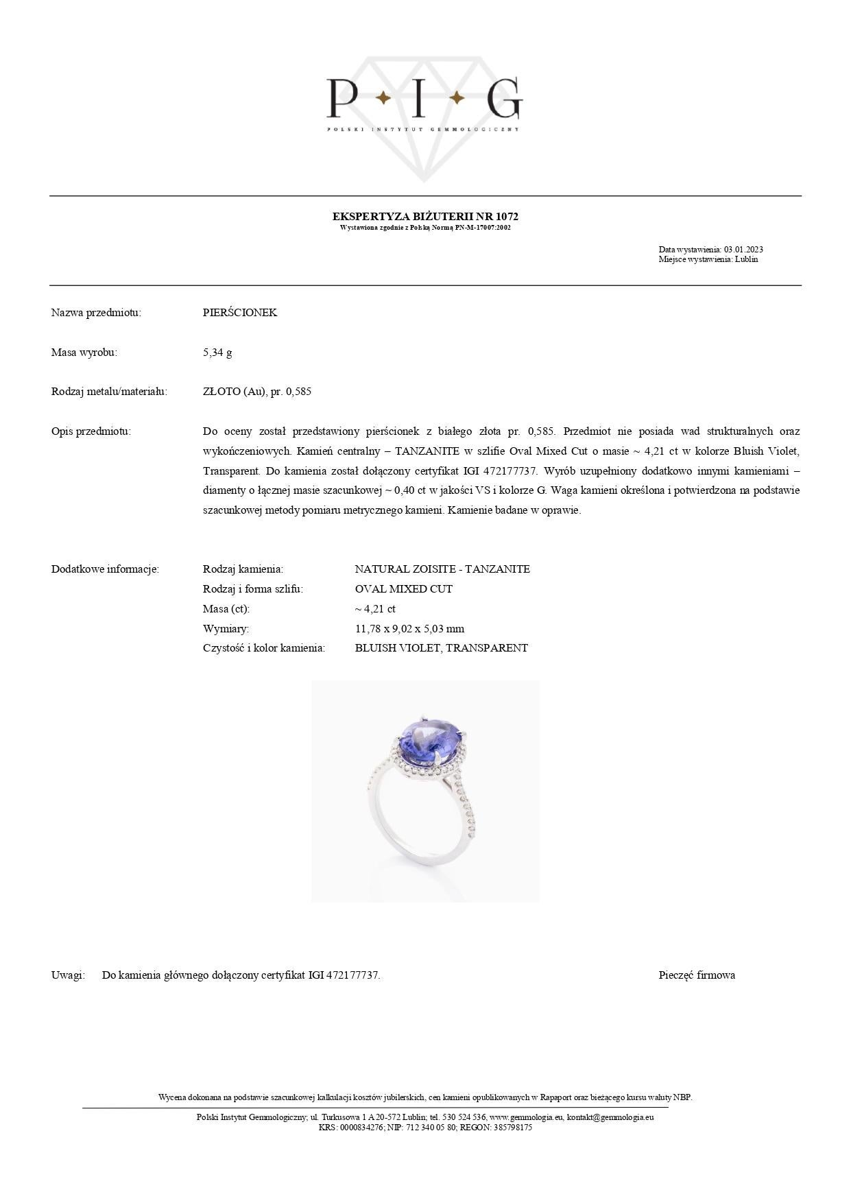 Anello con tanzanite certificata IGI da 4,21 carati e diamante da 0,40 carati in oro bianco 14K In condizioni Nuovo in vendita a Warszawa, PL