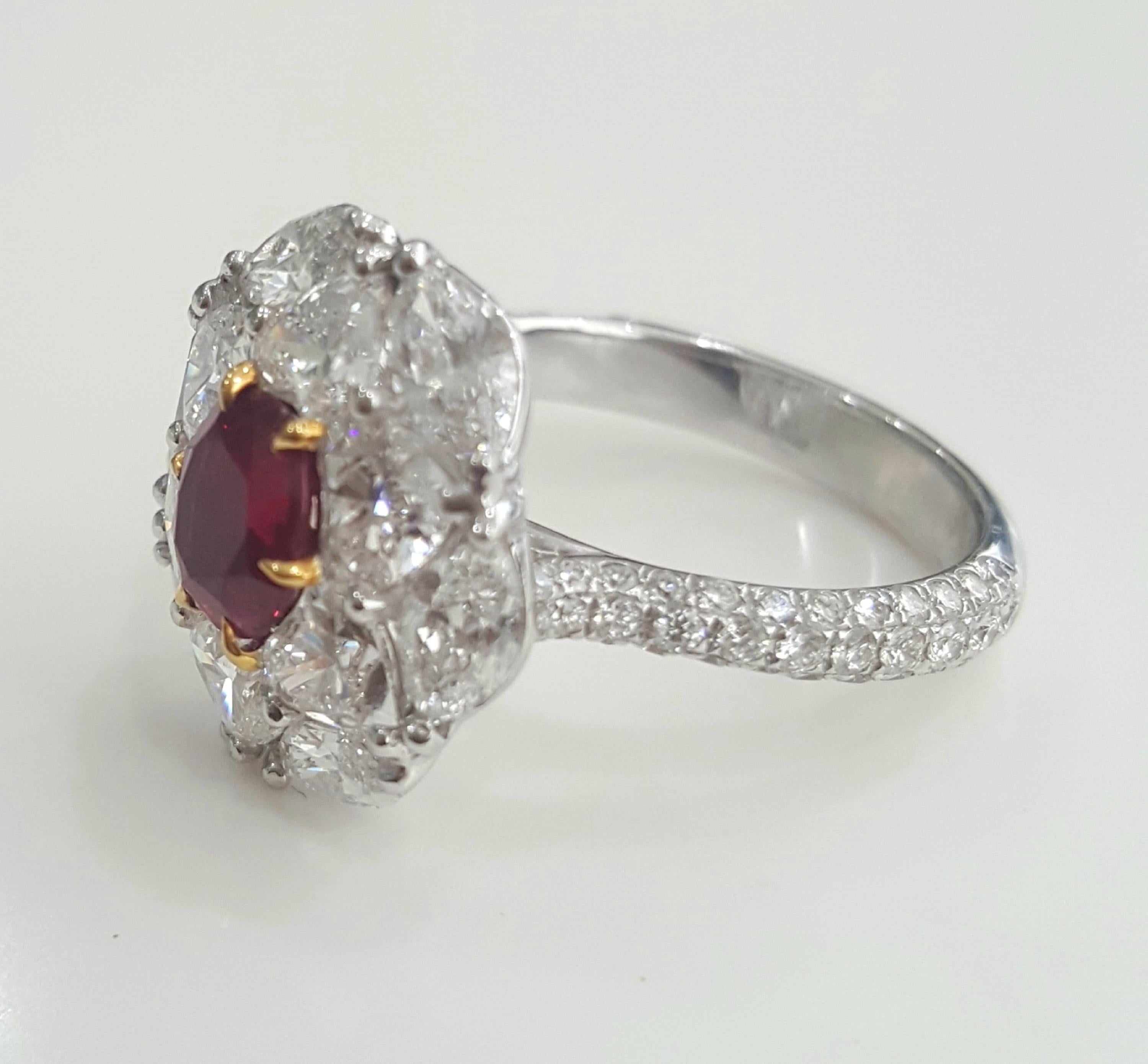 Contemporary IGI Certified 4.23 Carat Natural Oval Ruby No Heat And White Diamond Ring In 18K For Sale