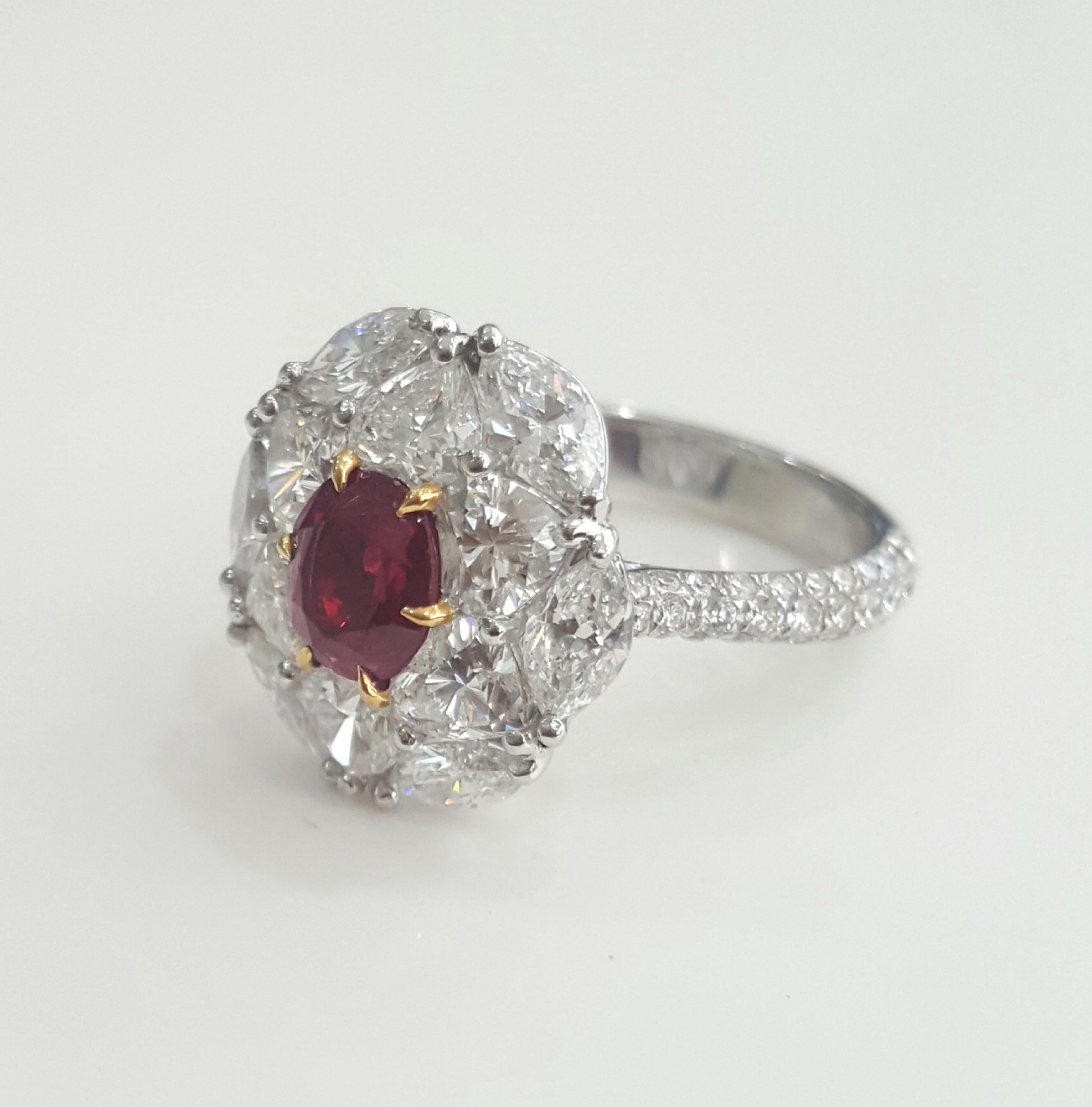 Oval Cut IGI Certified 4.23 Carat Natural Oval Ruby No Heat And White Diamond Ring In 18K For Sale