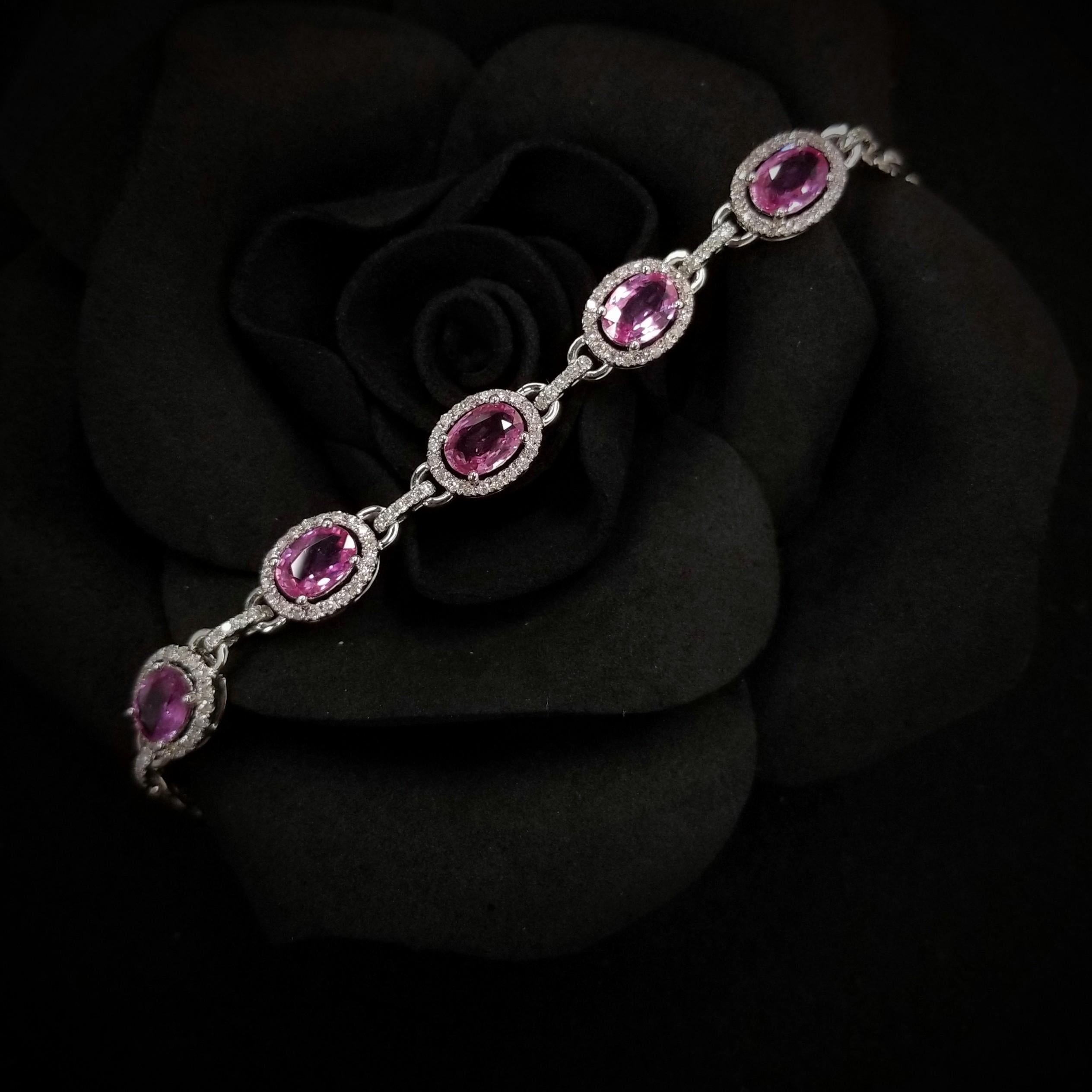 Modern IGI Certified 4.24 Carat Pink Sapphire & Diamond Bracelet in 18K White Gold For Sale