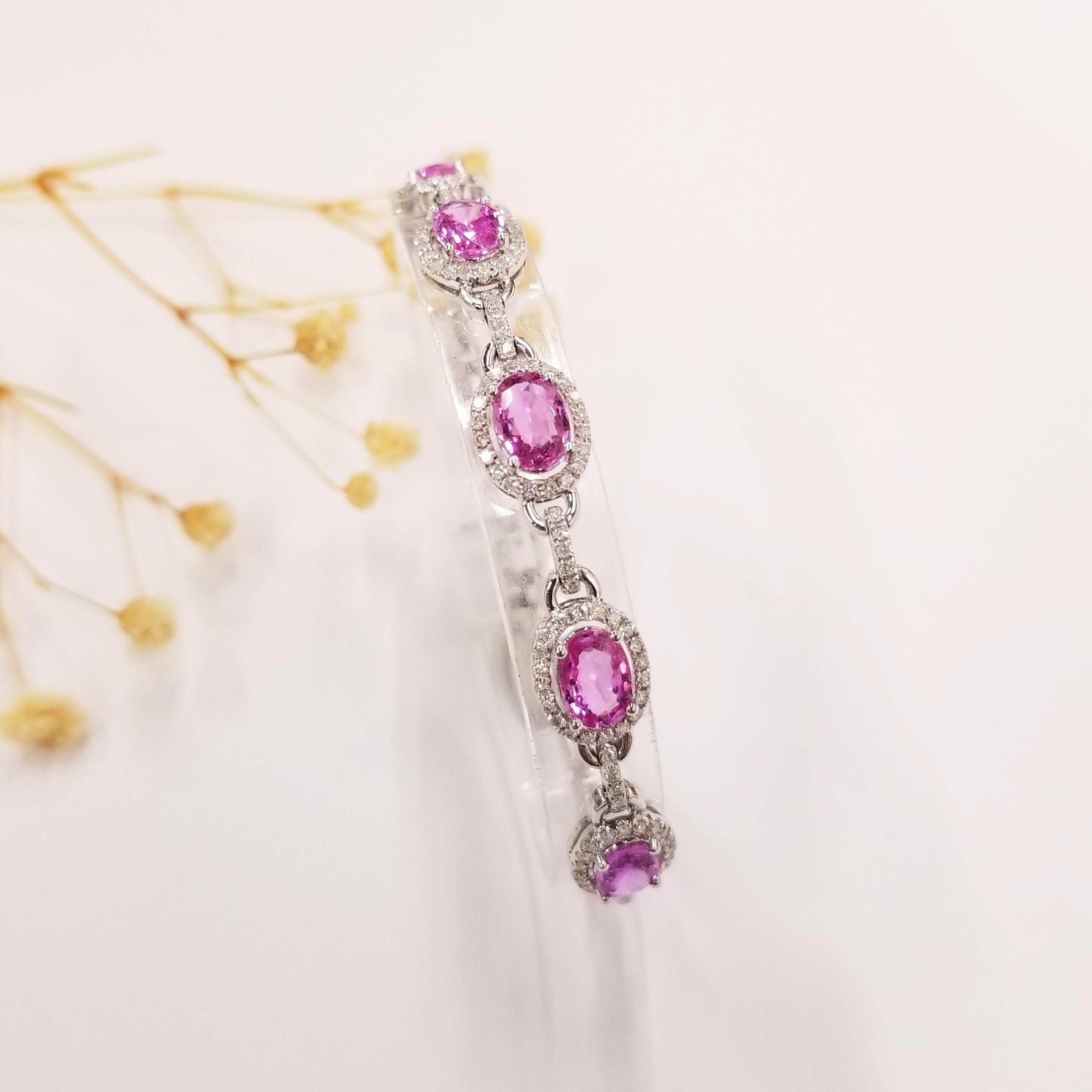 Oval Cut IGI Certified 4.24 Carat Pink Sapphire & Diamond Bracelet in 18K White Gold For Sale