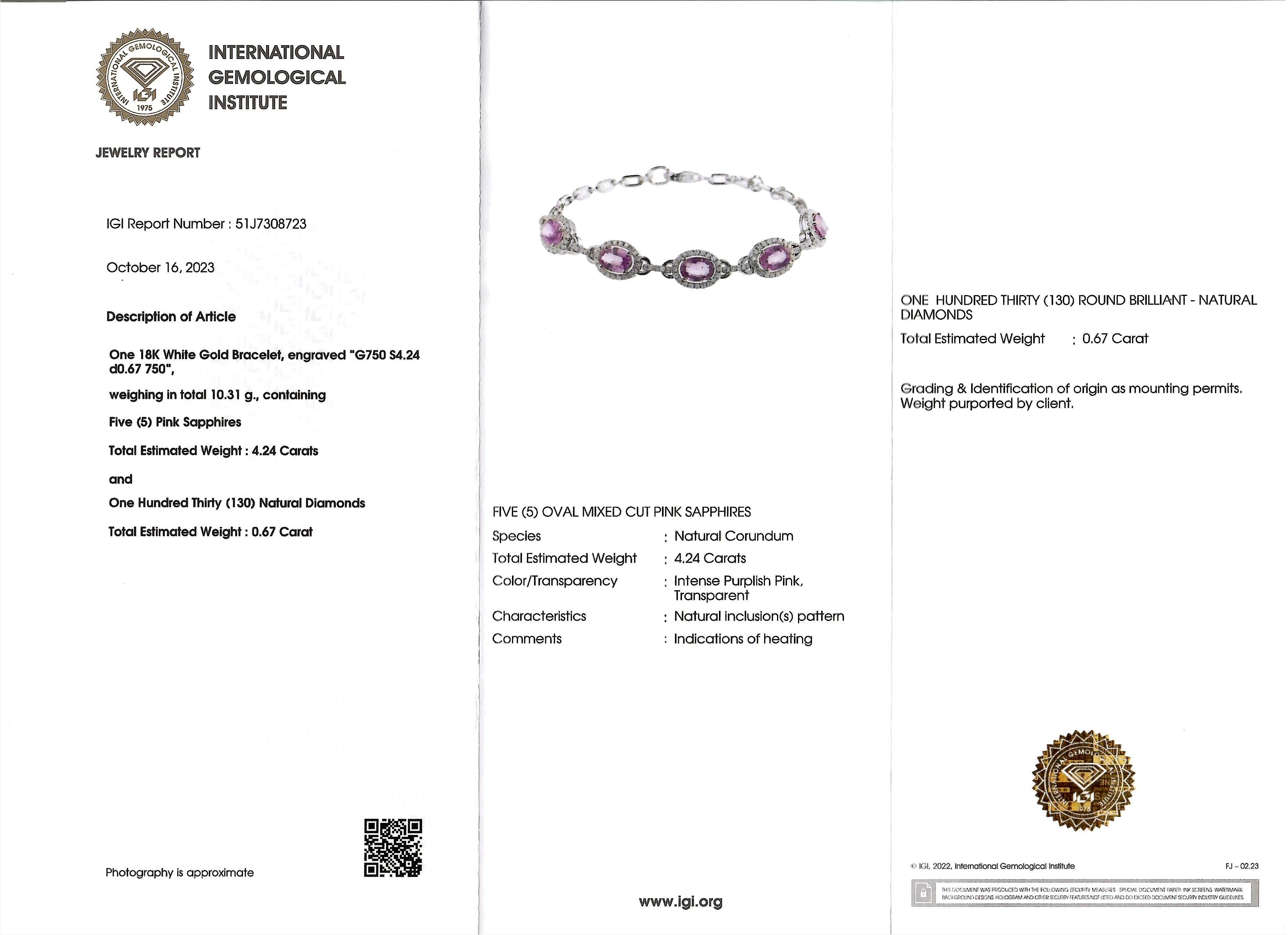 IGI Certified 4.24 Carat Pink Sapphire & Diamond Bracelet in 18K White Gold In New Condition For Sale In KOWLOON, HK