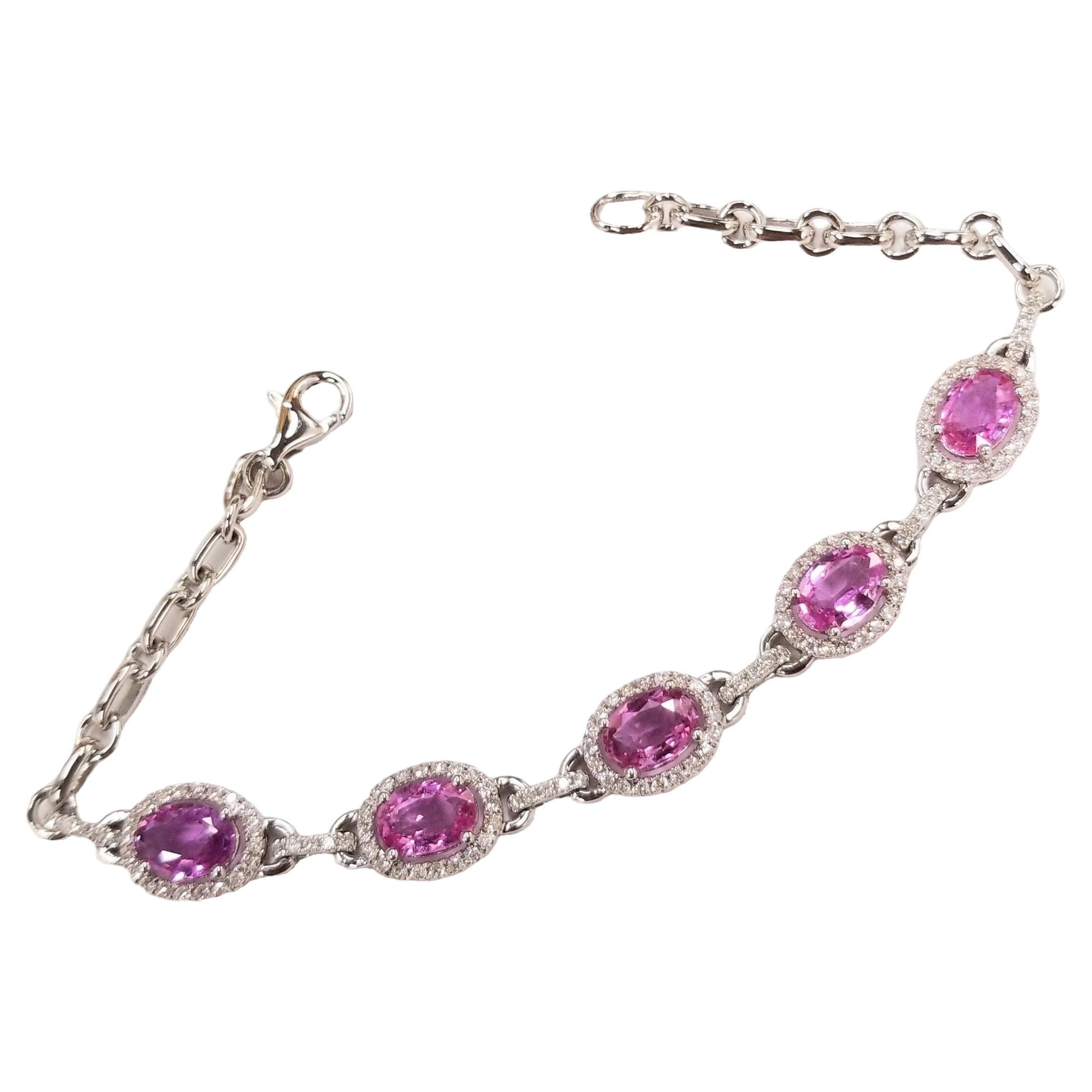 IGI Certified 4.24 Carat Pink Sapphire & Diamond Bracelet in 18K White Gold For Sale