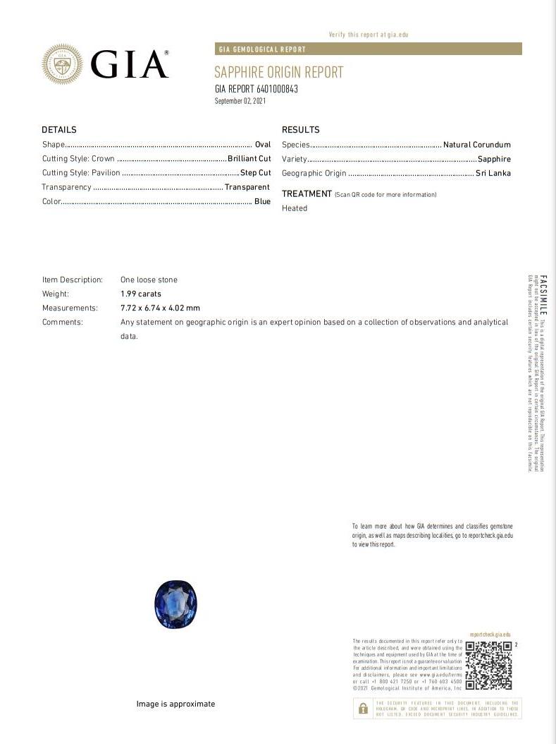 GIA Certified 1.99 ct Sri Lanka Blue Sapphire Diamond Ring in 18K White Gold For Sale 1