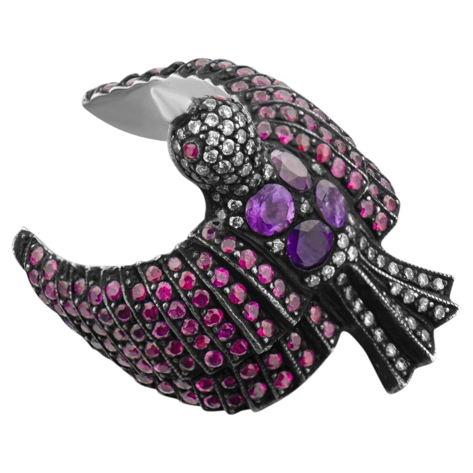 IGI Certified 4.30 Carat Natural Diamond, Ruby and Amethyst Bird Motif Ring For Sale