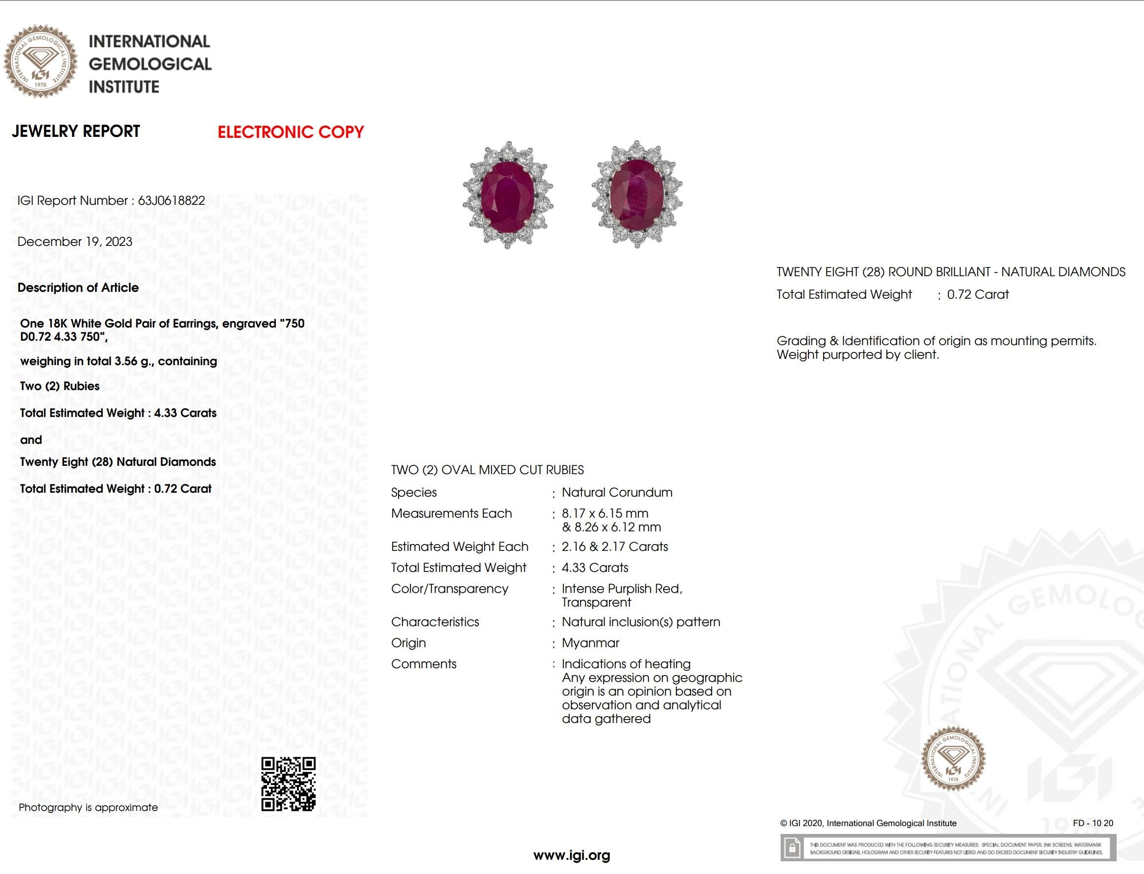 IGI Certified 4.33  Carat Burma Ruby & Diamond Earrings in 18K White Gold For Sale 5