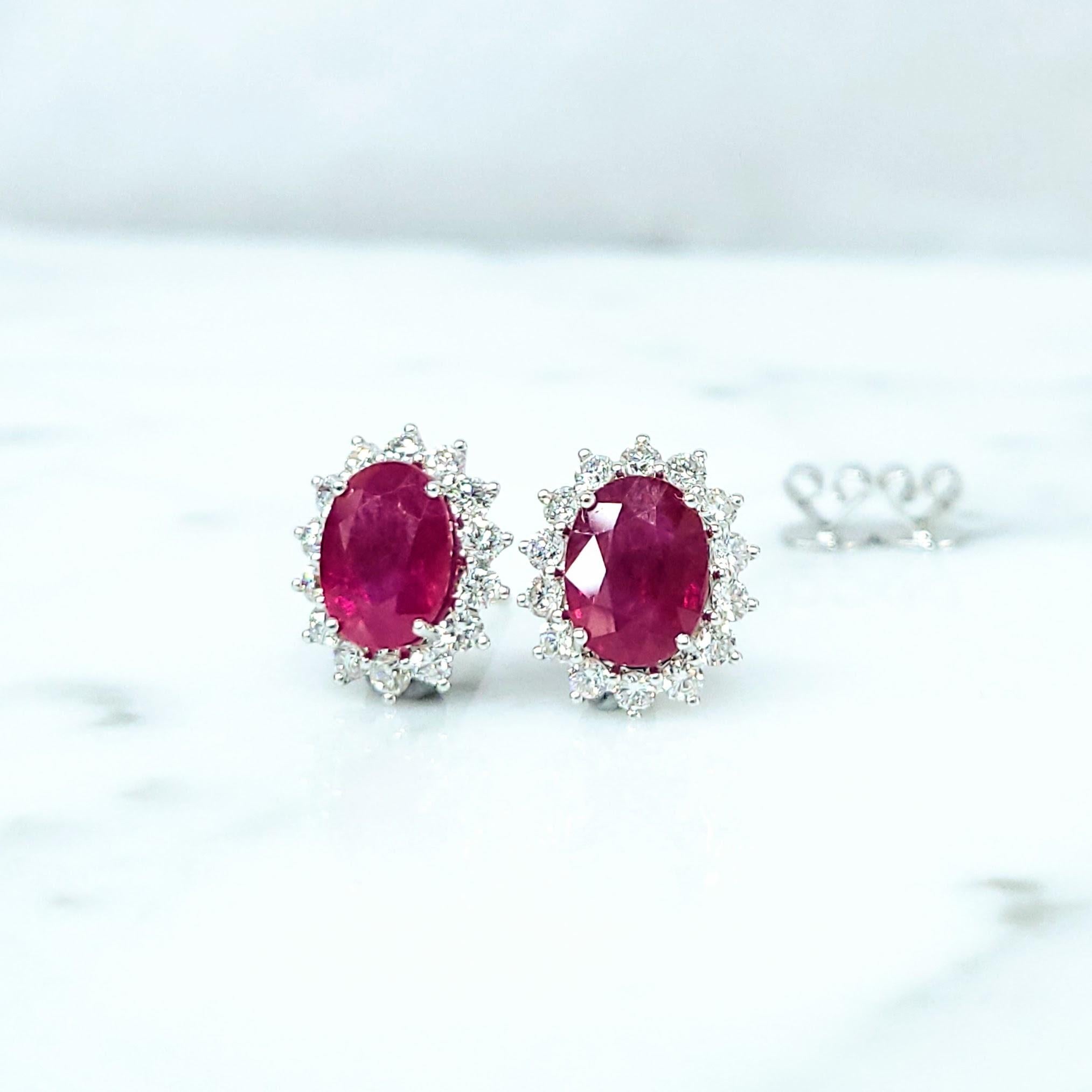Oval Cut IGI Certified 4.33  Carat Burma Ruby & Diamond Earrings in 18K White Gold For Sale