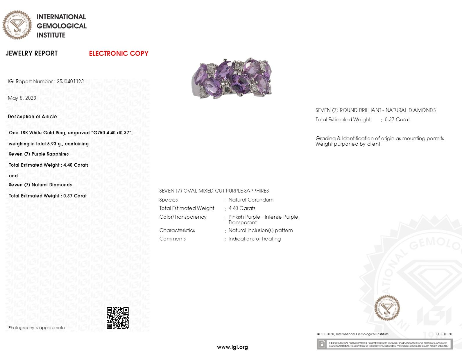 IGI Certified 4.40 Carat Purple Sapphire & Diamond Ring in 18K White Gold For Sale 2