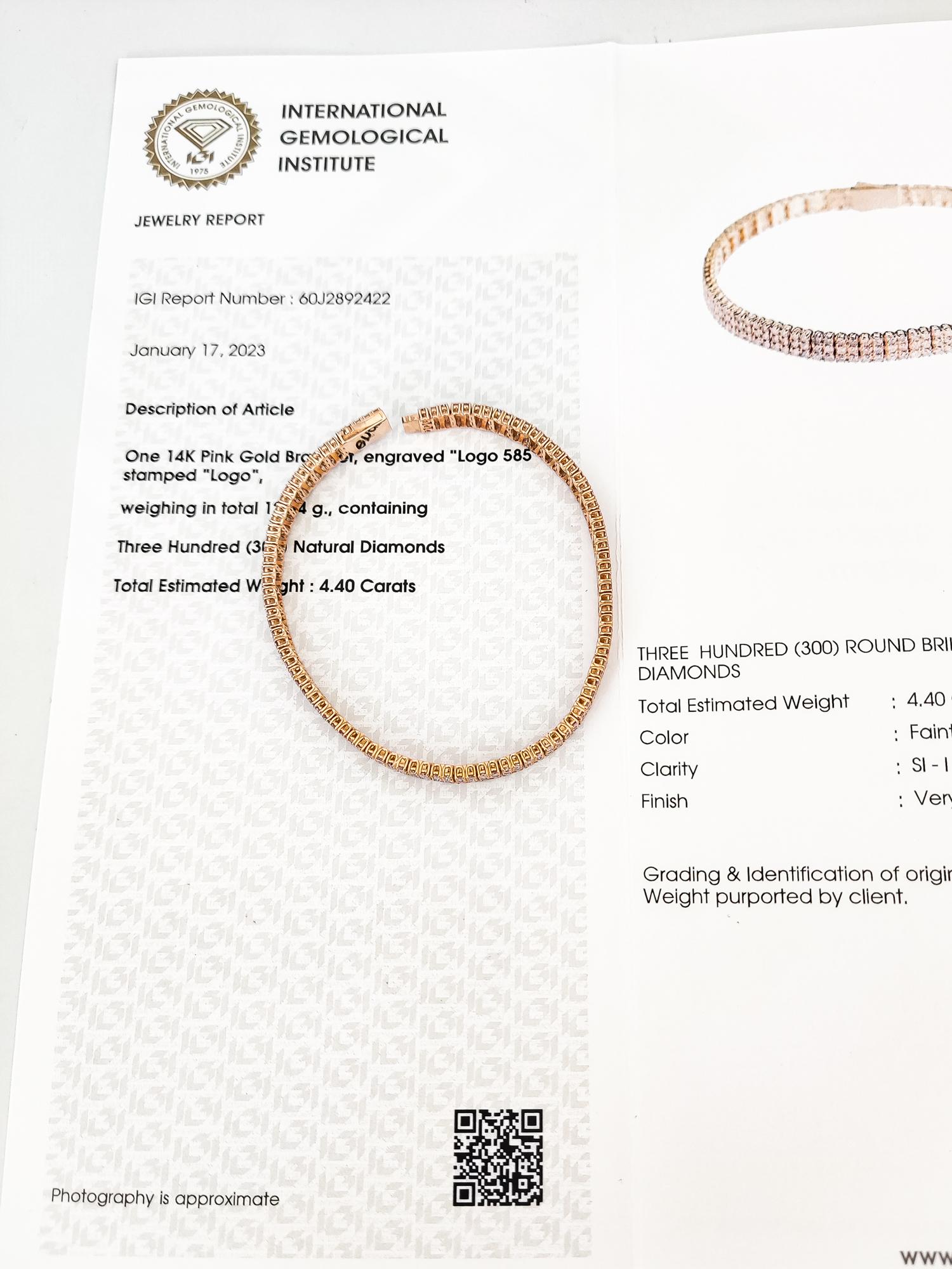 IGI Certified 4.40 Carat Round Brilliant Pink Diamond Bracelet 14K Rose Gold 2