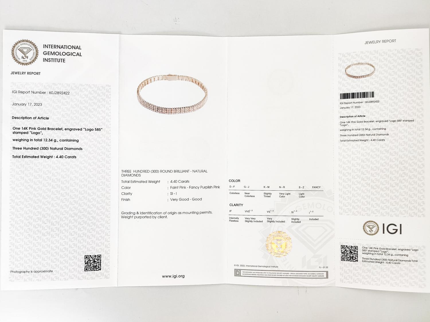 IGI Certified 4.40 Carat Round Brilliant Pink Diamond Bracelet 14K Rose Gold 3