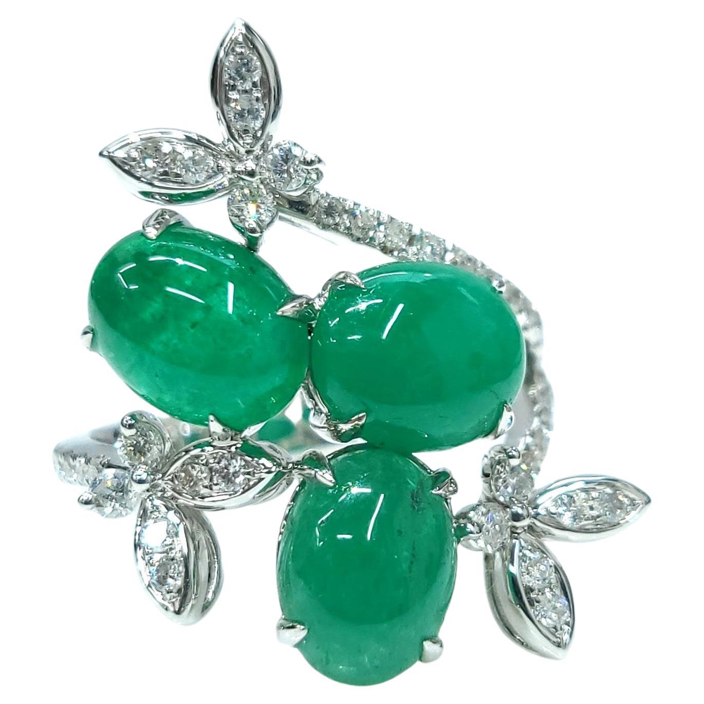 IGI Certified 4.43 Carat cabochon Emerald & Diamond Ring in 18K White Gold
