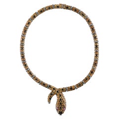 IGI Certified 44.40 Carat Diamond and Citrine Snake Statement Necklace 8K Gold